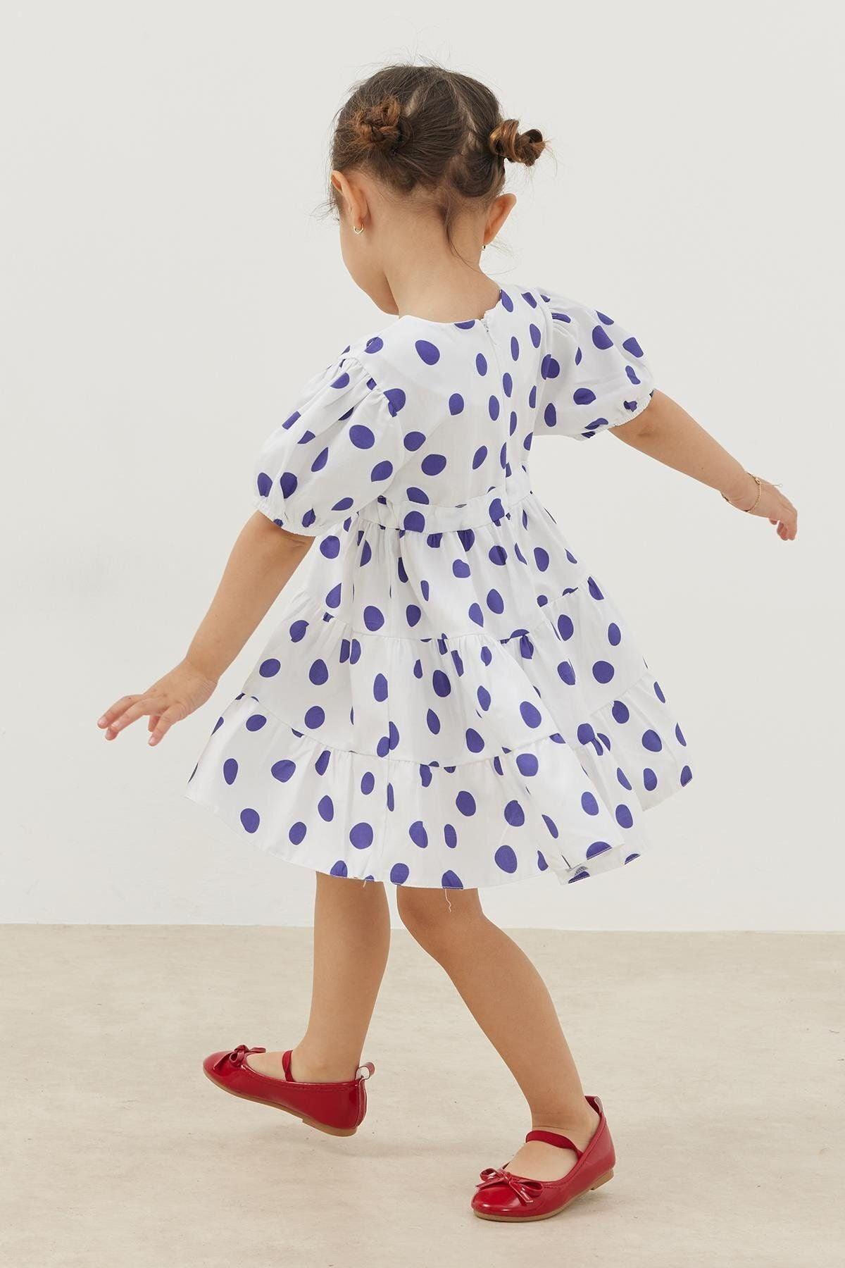 Katlı Elbise Mavi Puantiye