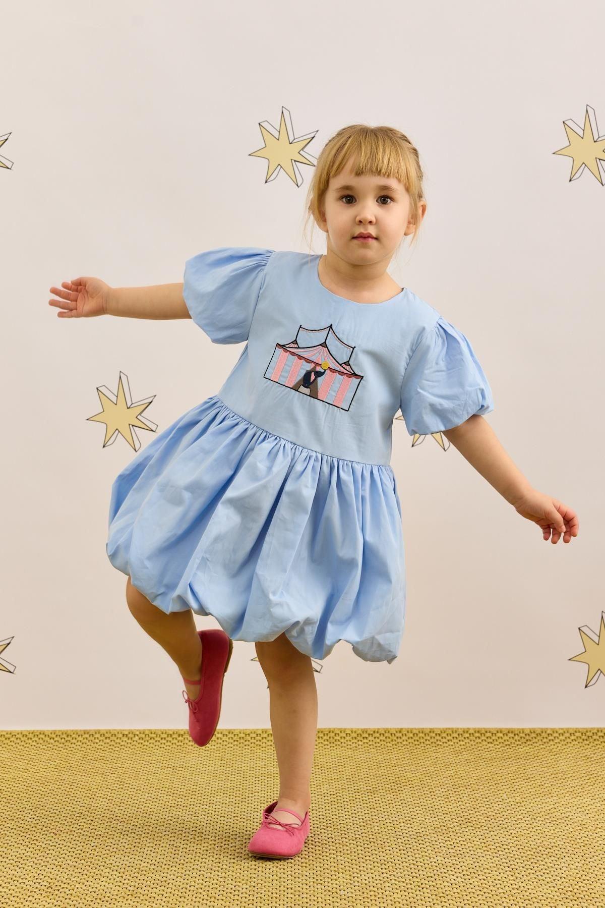 Nakış Detaylı Balon Elbise Mavi