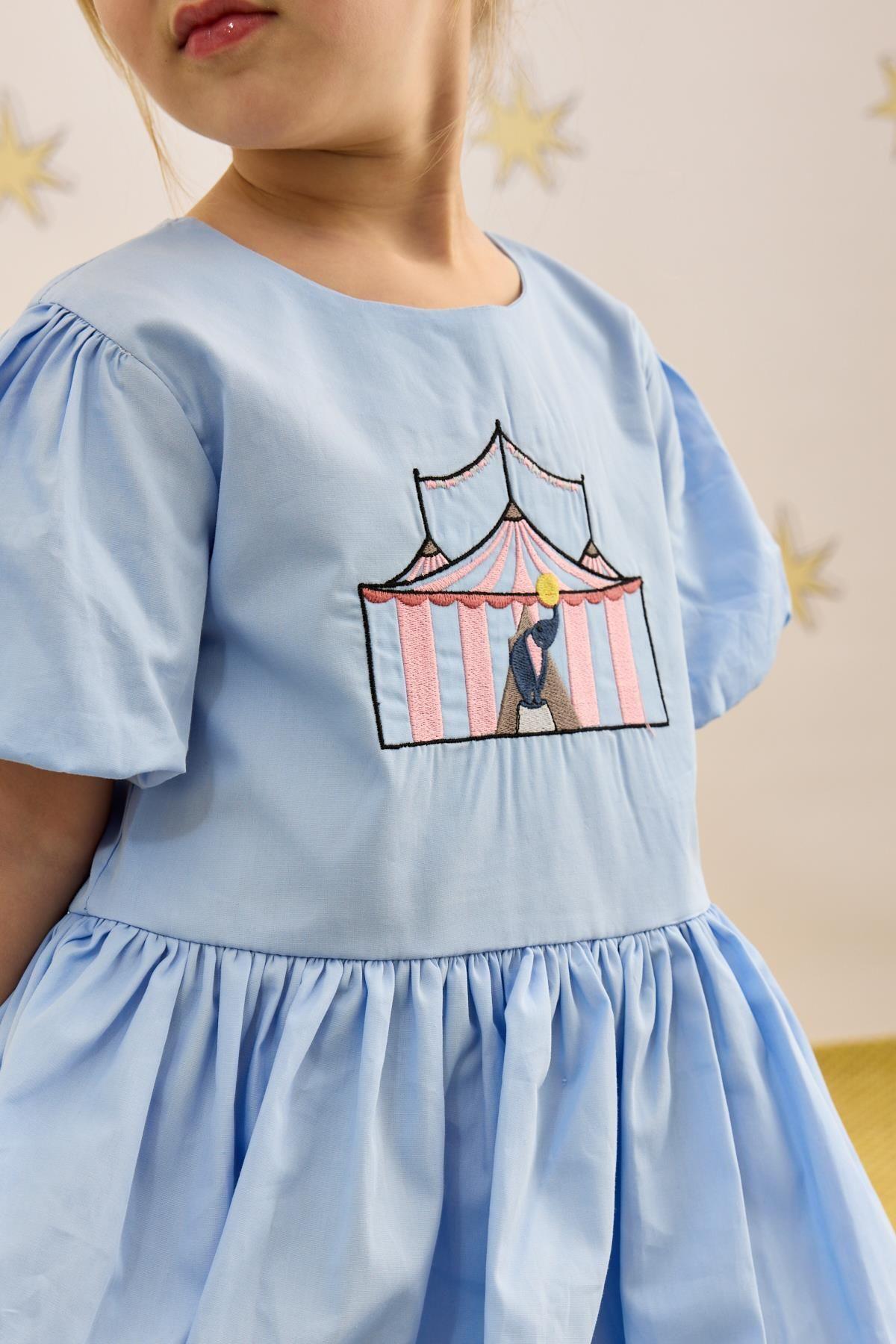 Nakış Detaylı Balon Elbise Mavi