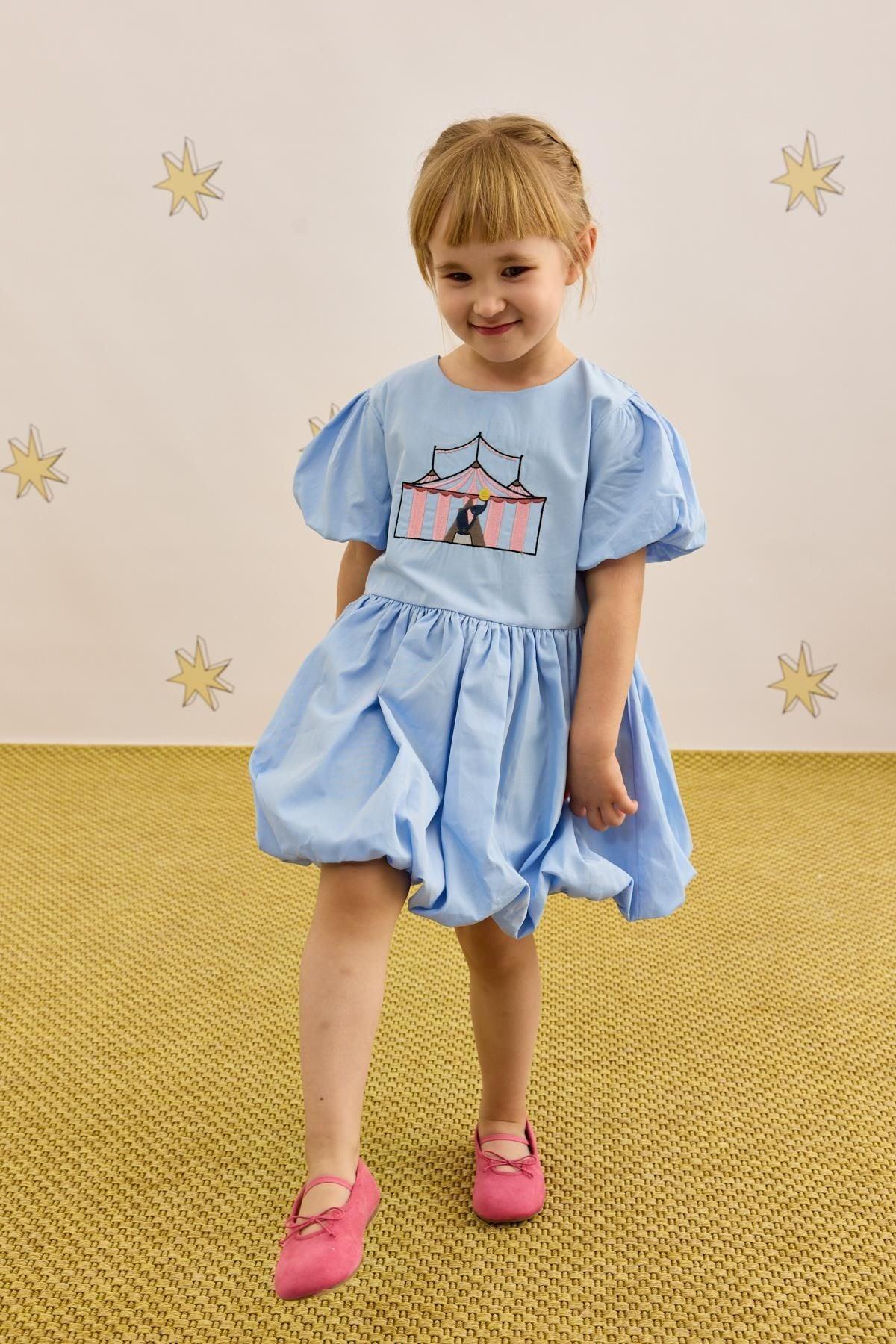 Nakış Detaylı Balon Elbise Mavi