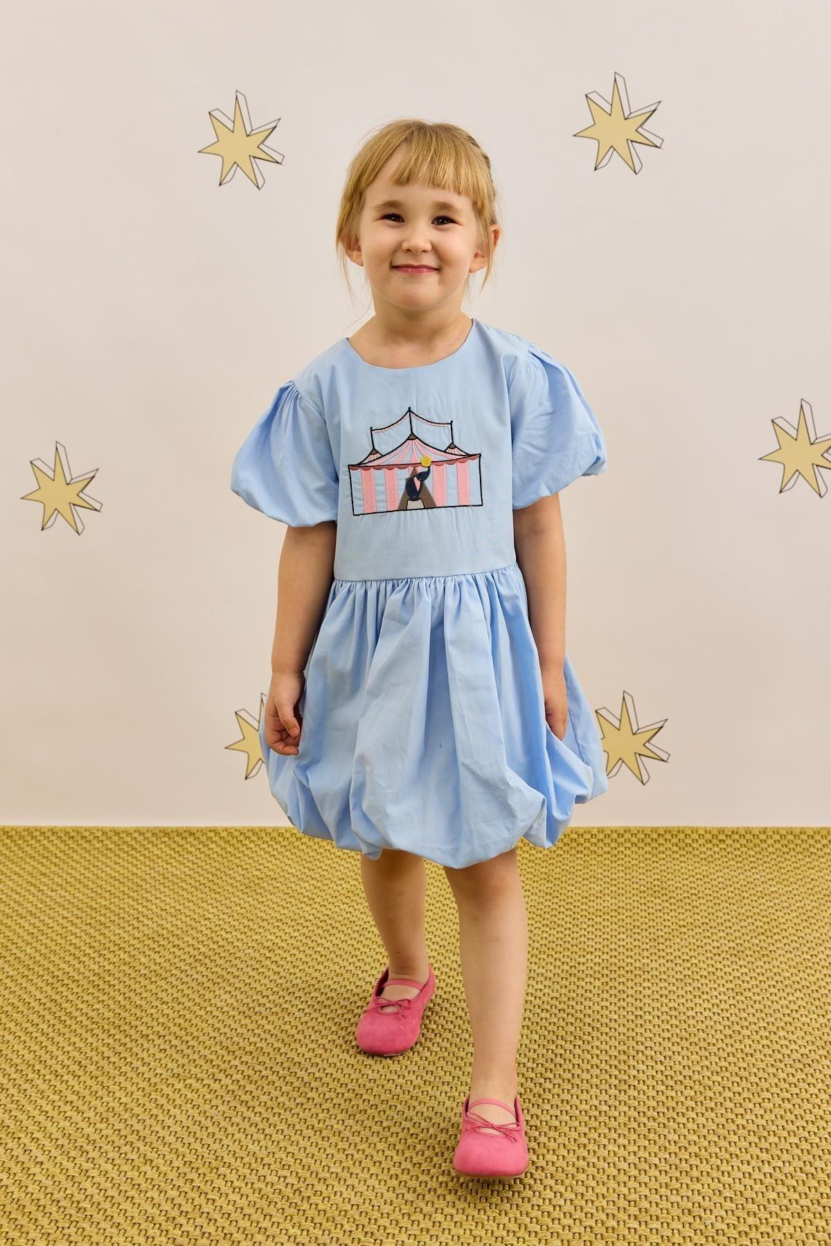 Nakış Detaylı Balon Elbise Mavi