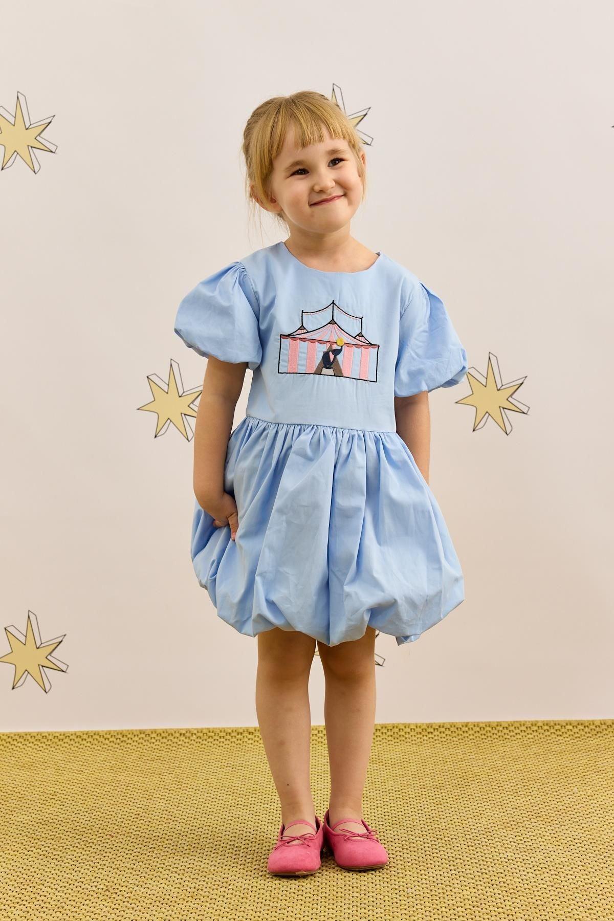 Nakış Detaylı Balon Elbise Mavi