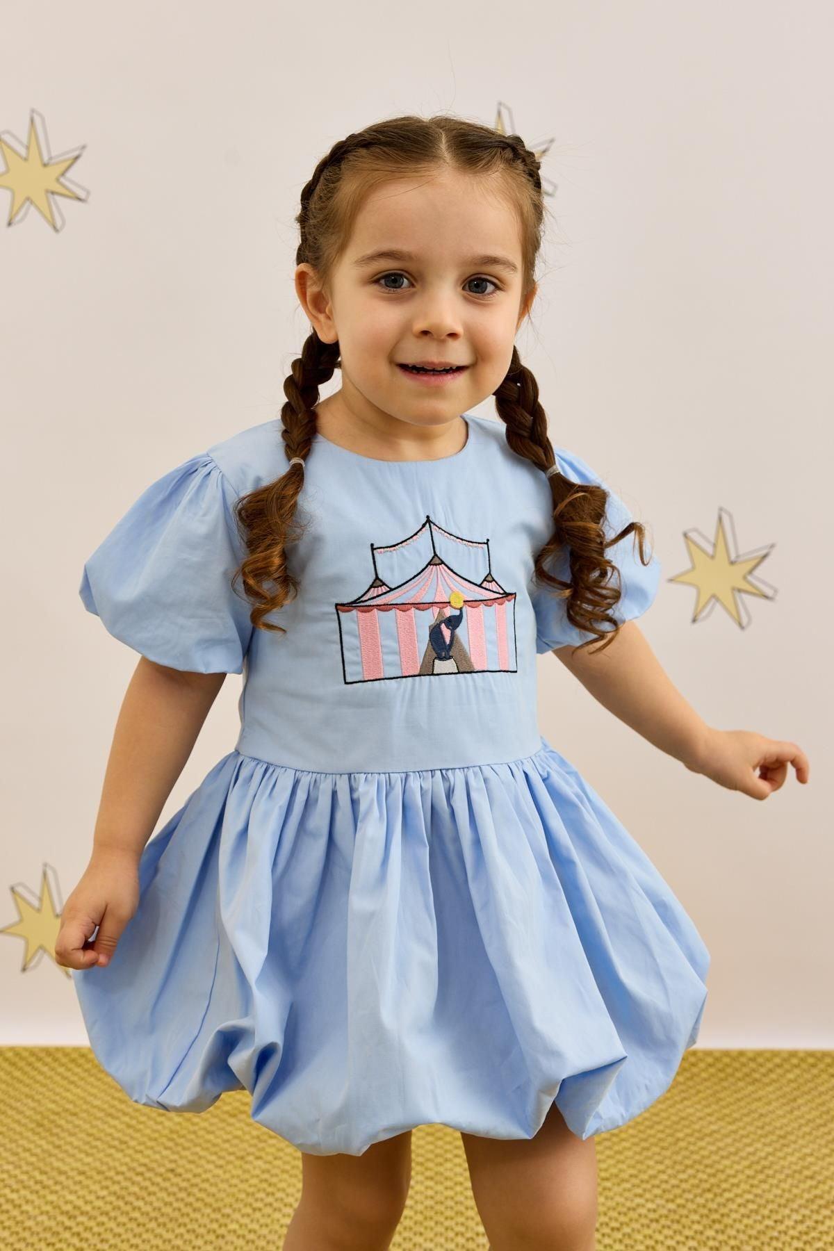 Nakış Detaylı Balon Elbise Mavi