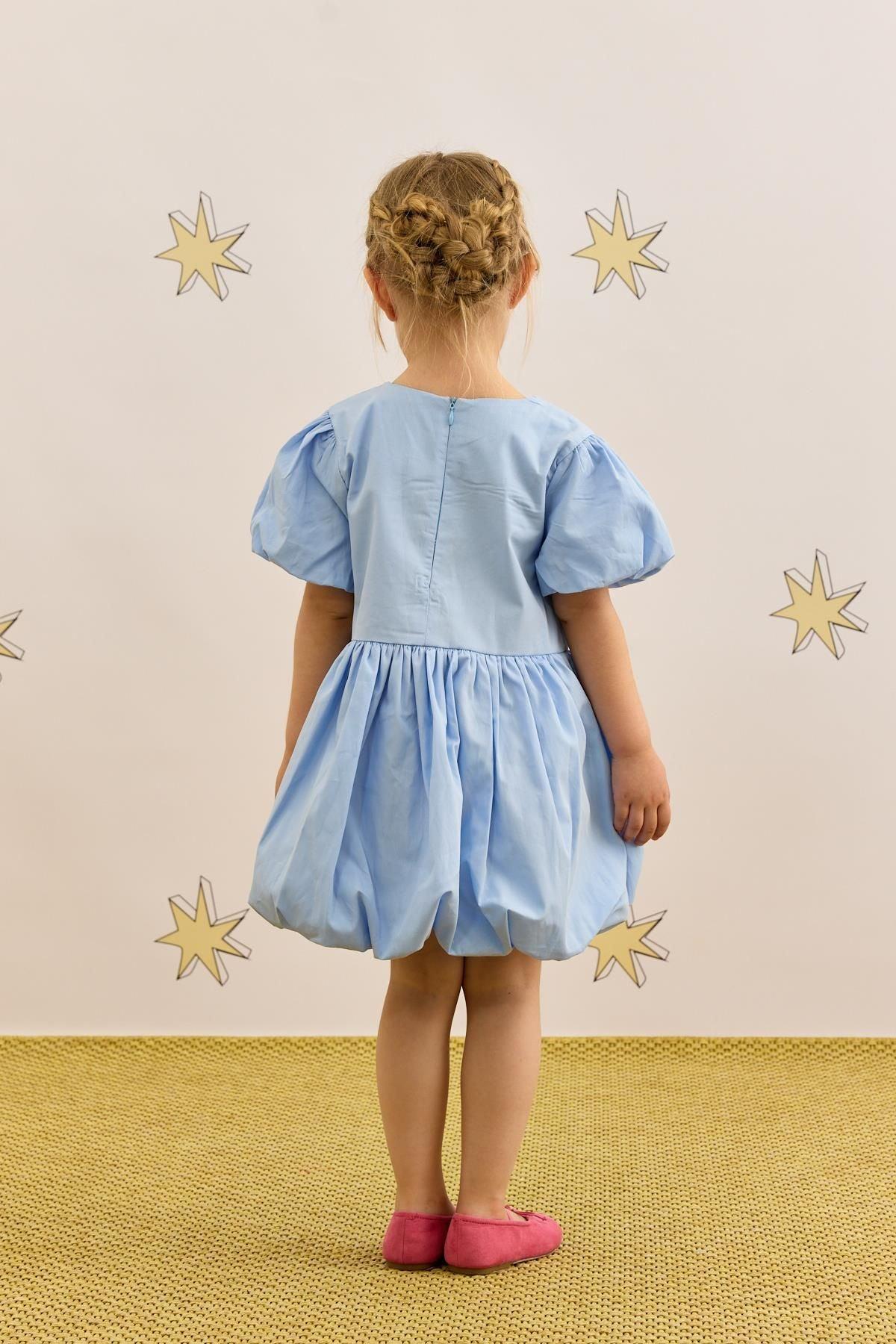 Nakış Detaylı Balon Elbise Mavi