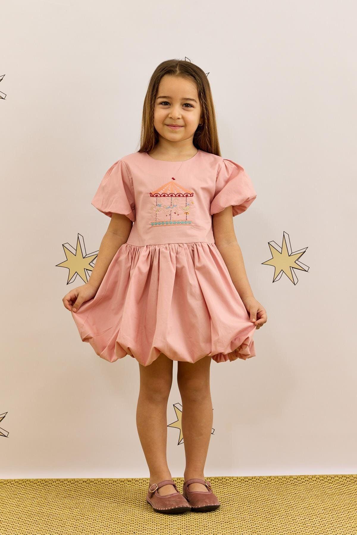 Pink Balloon Dress with Embroidery Details