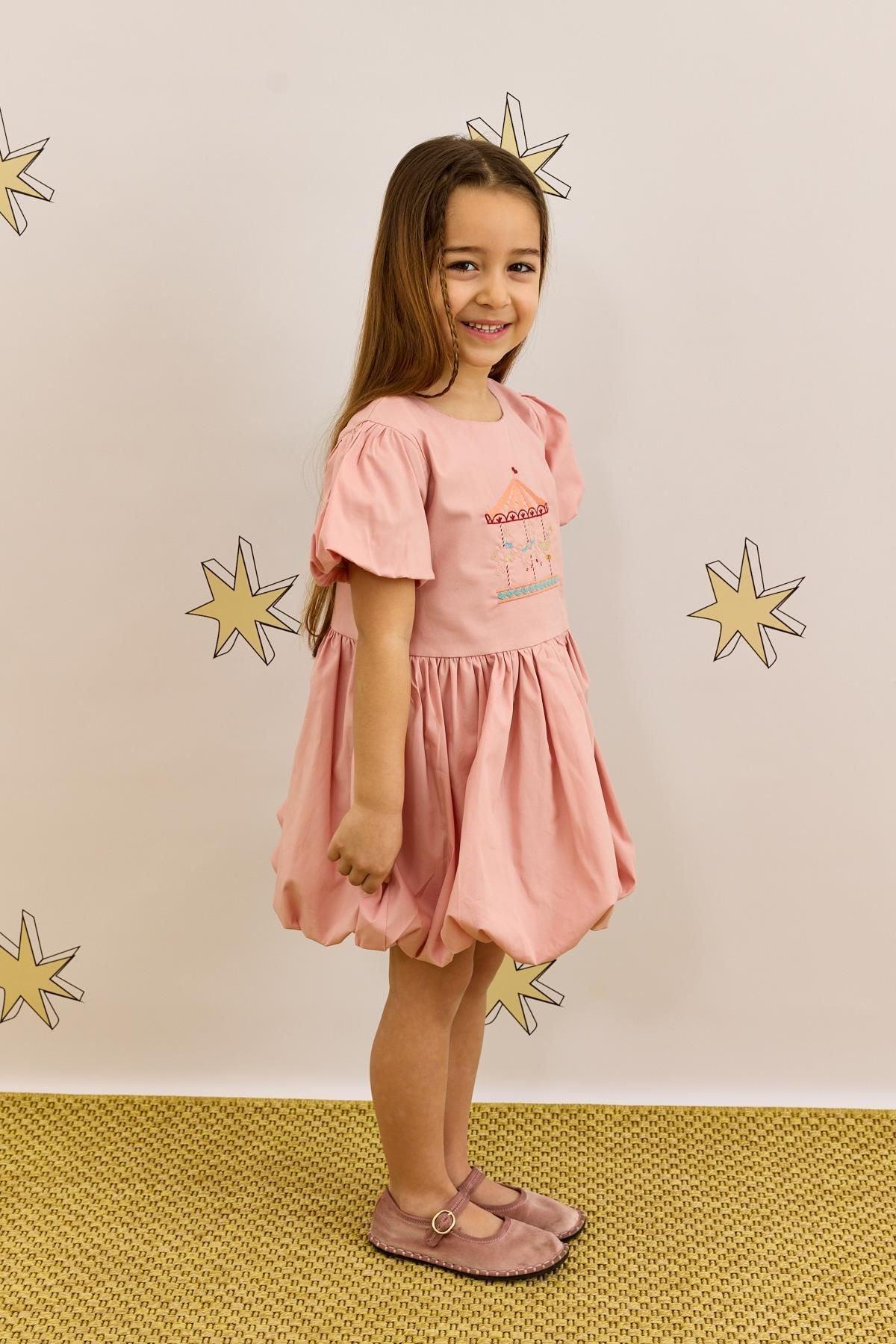 Pink Balloon Dress with Embroidery Details