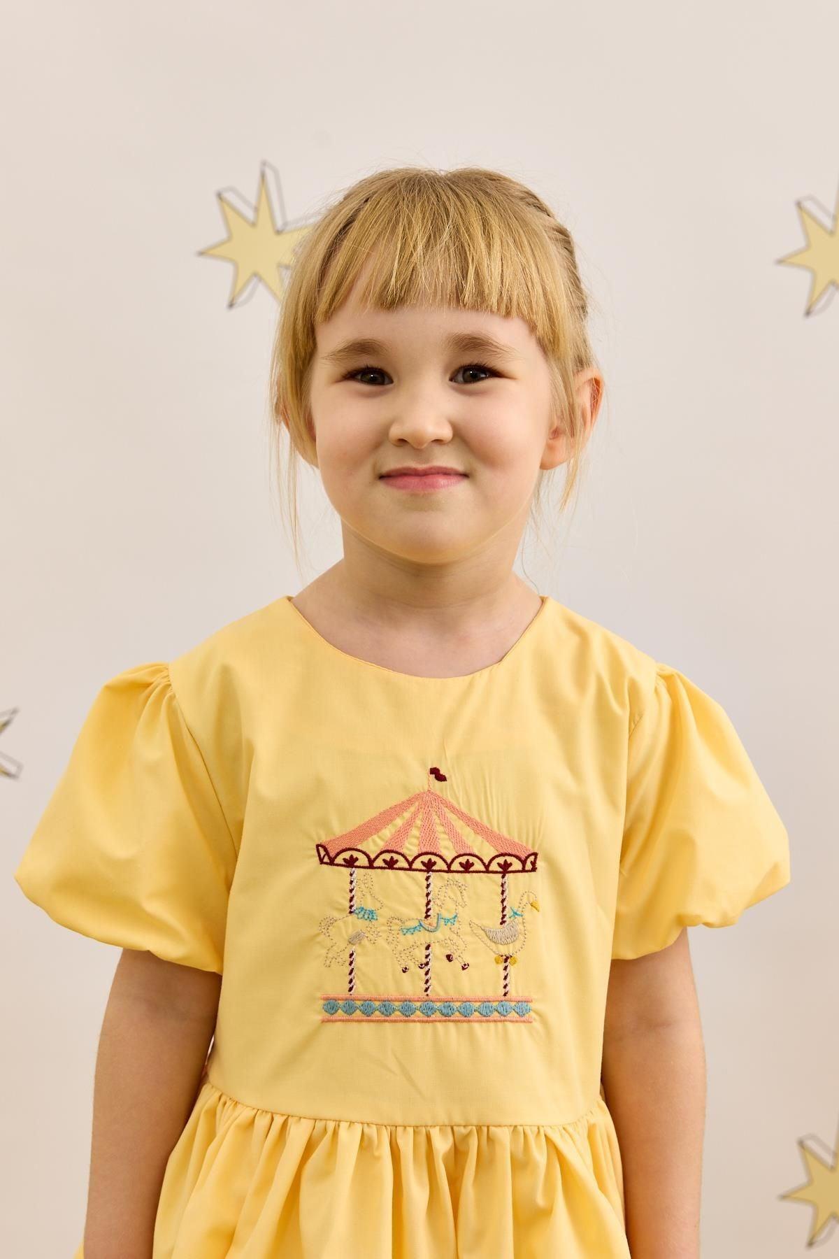 Nakış Detaylı Balon Elbise Sarı