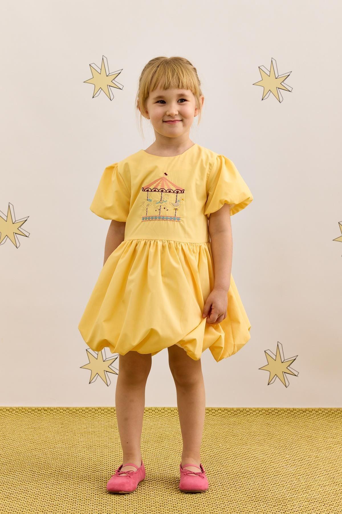 Nakış Detaylı Balon Elbise Sarı