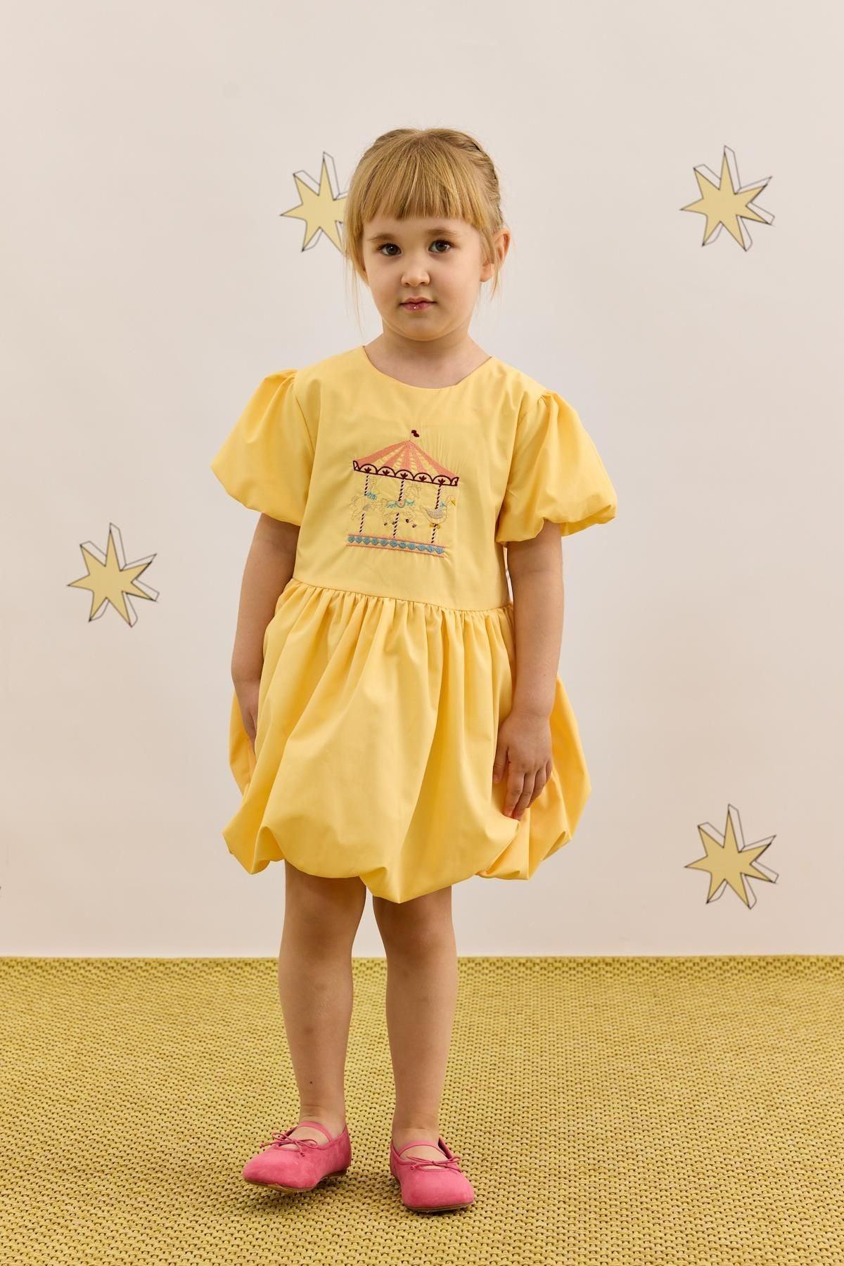 Nakış Detaylı Balon Elbise Sarı