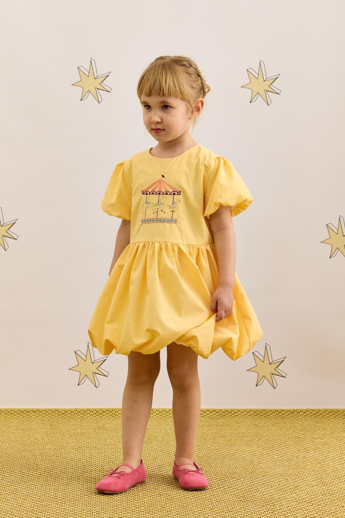 Nakış Detaylı Balon Elbise Sarı