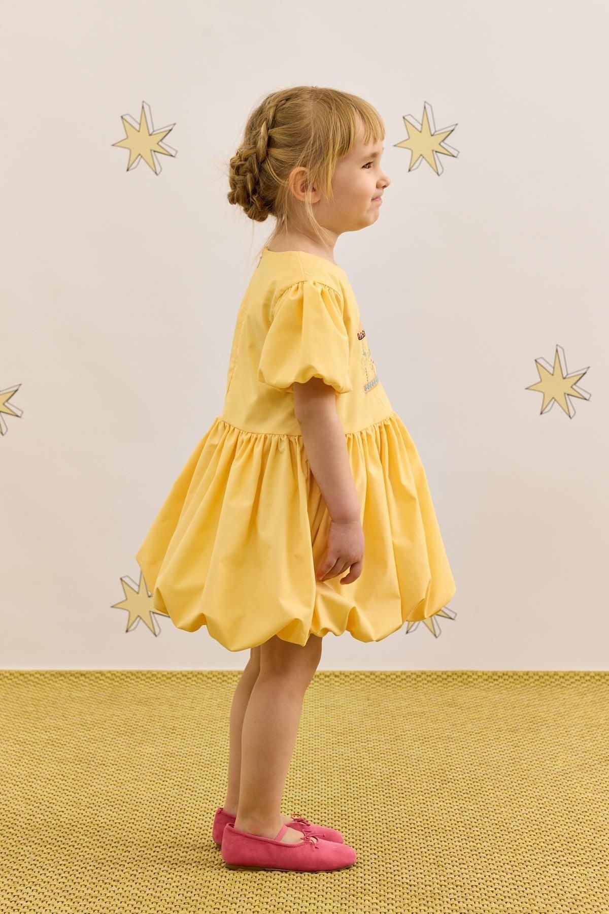 Nakış Detaylı Balon Elbise Sarı