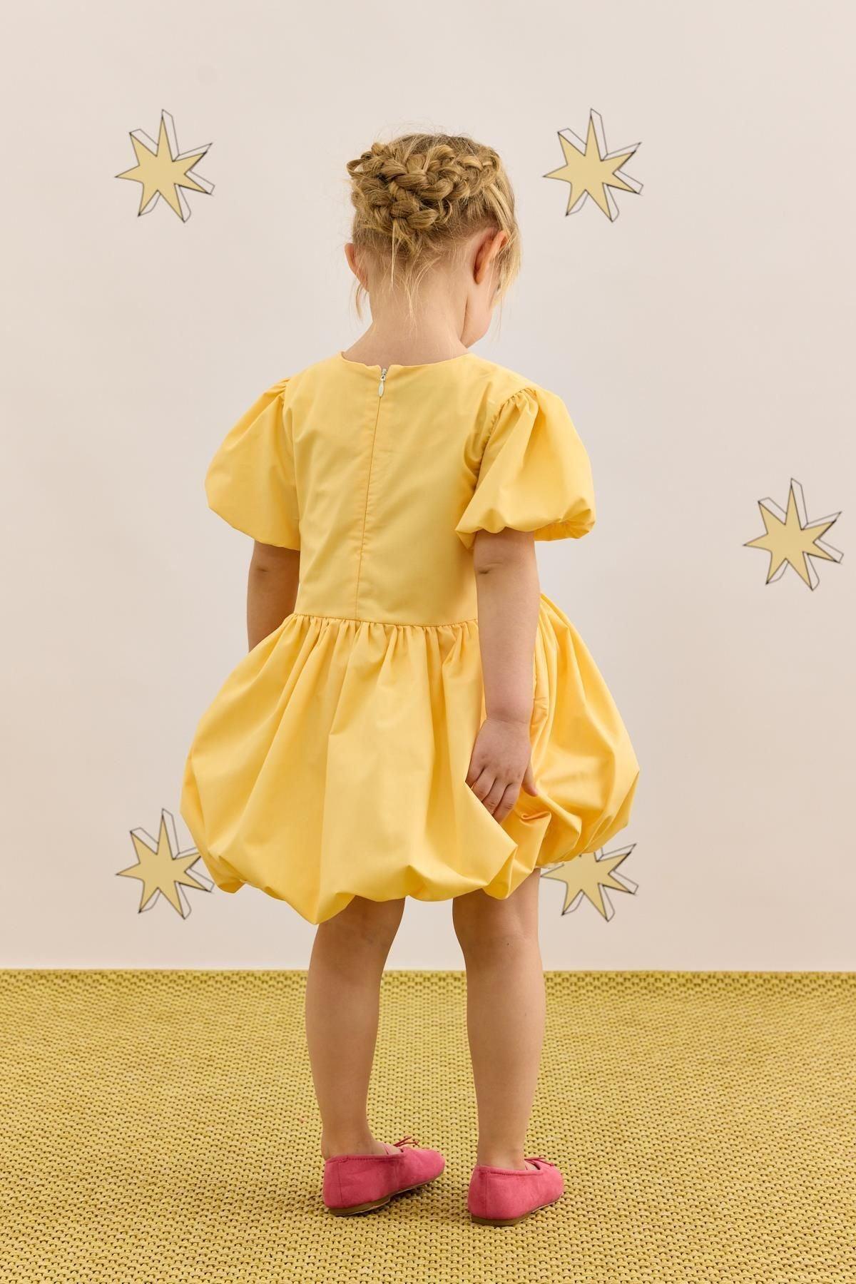 Nakış Detaylı Balon Elbise Sarı