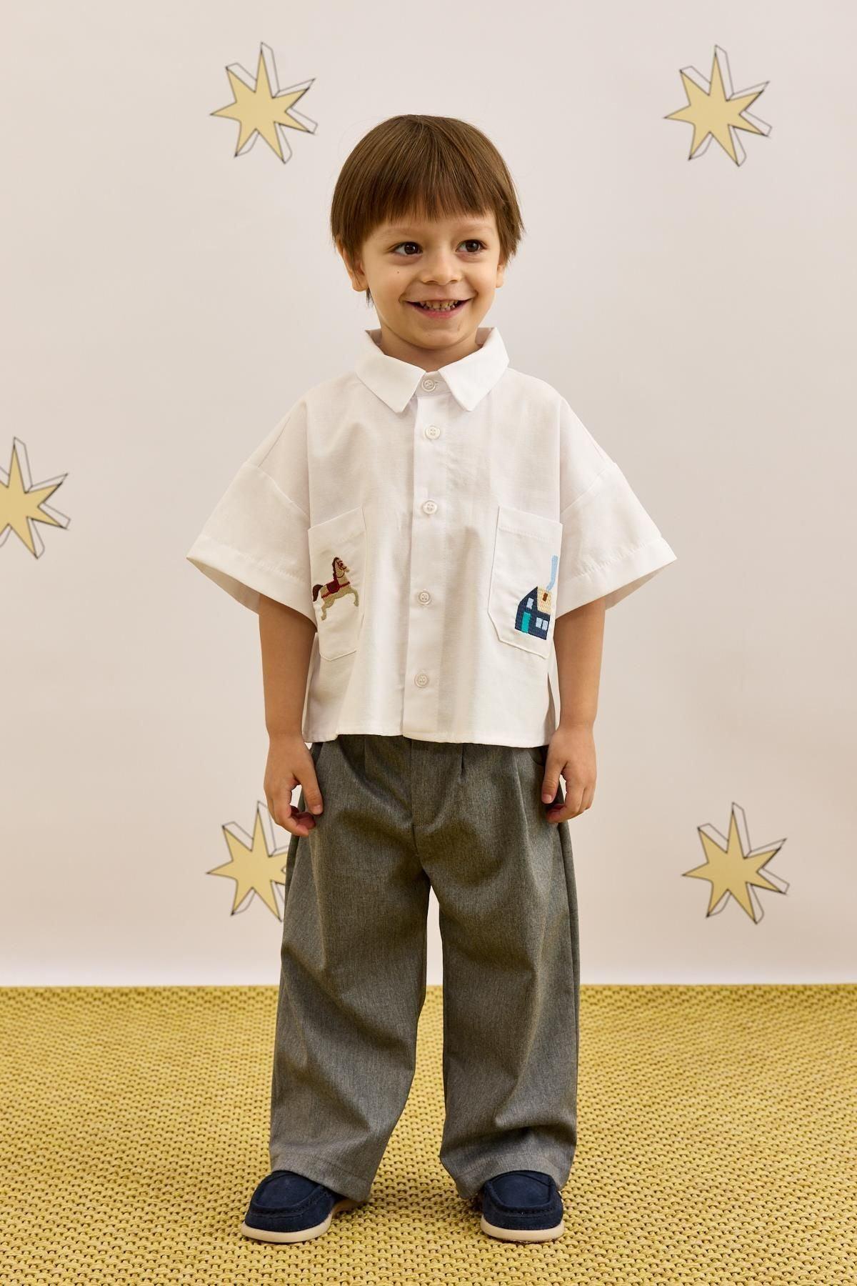 Nakışlı Oversize Gömlek Beyaz