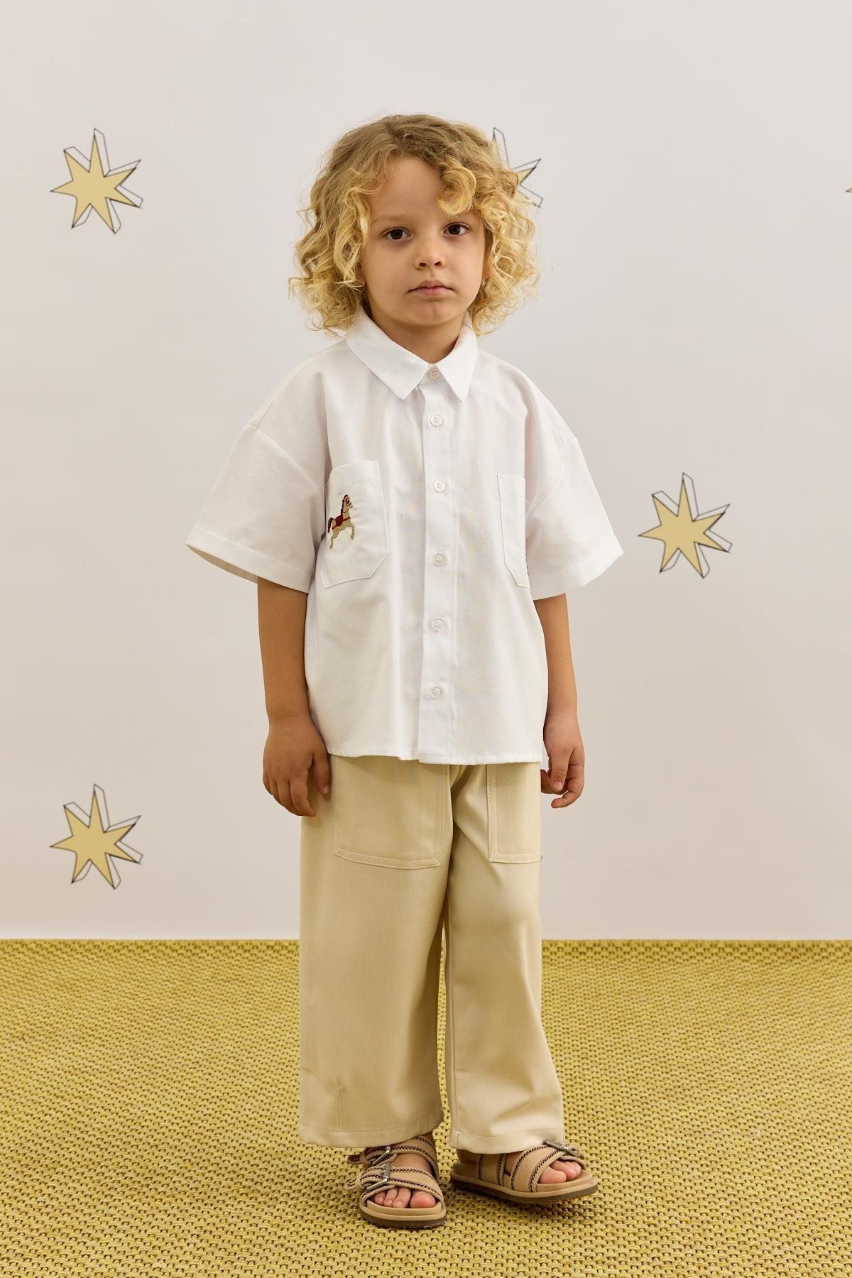 Nakışlı Oversize Gömlek Beyaz