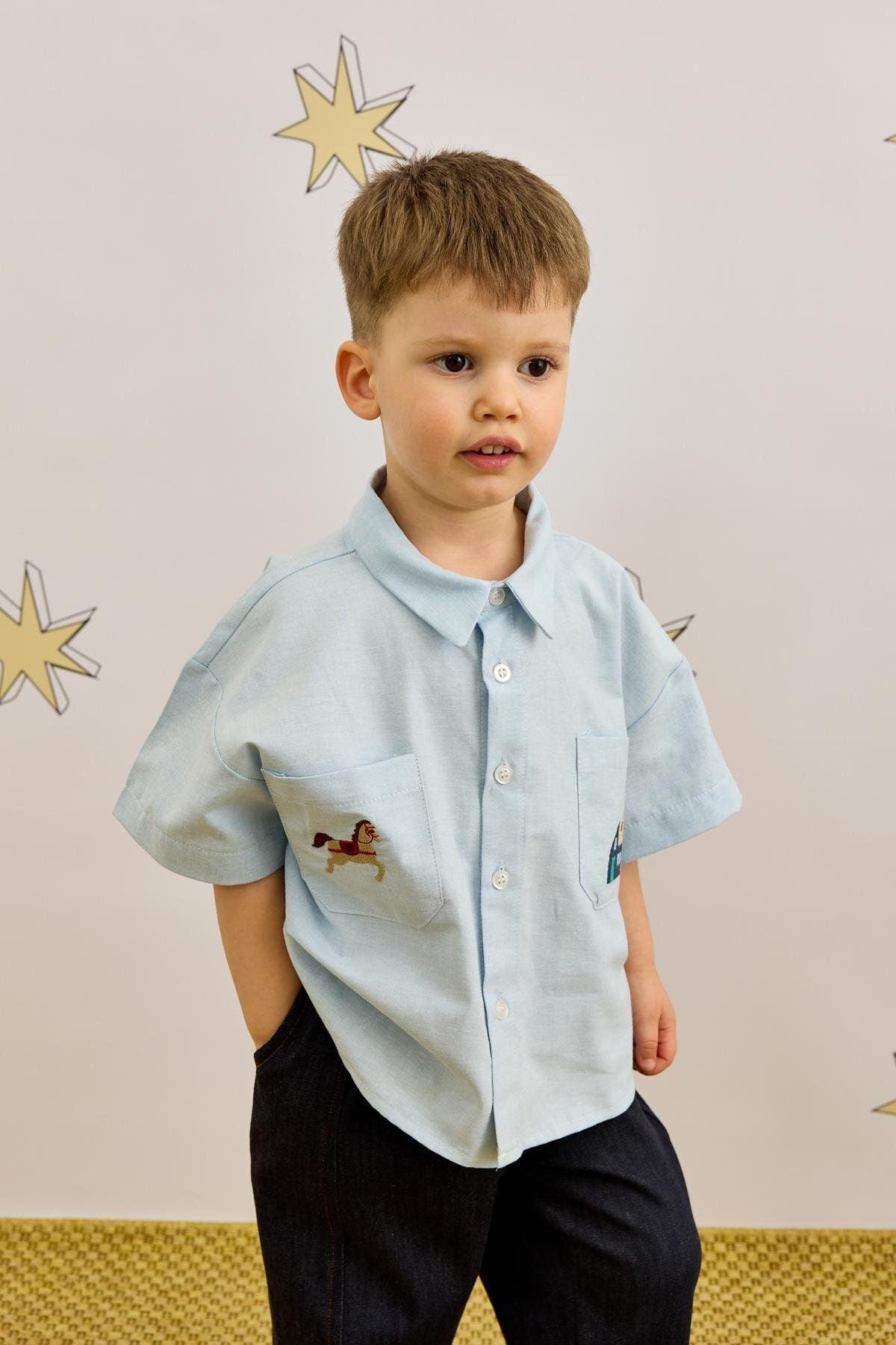 Embroidered Oversize Shirt Blue