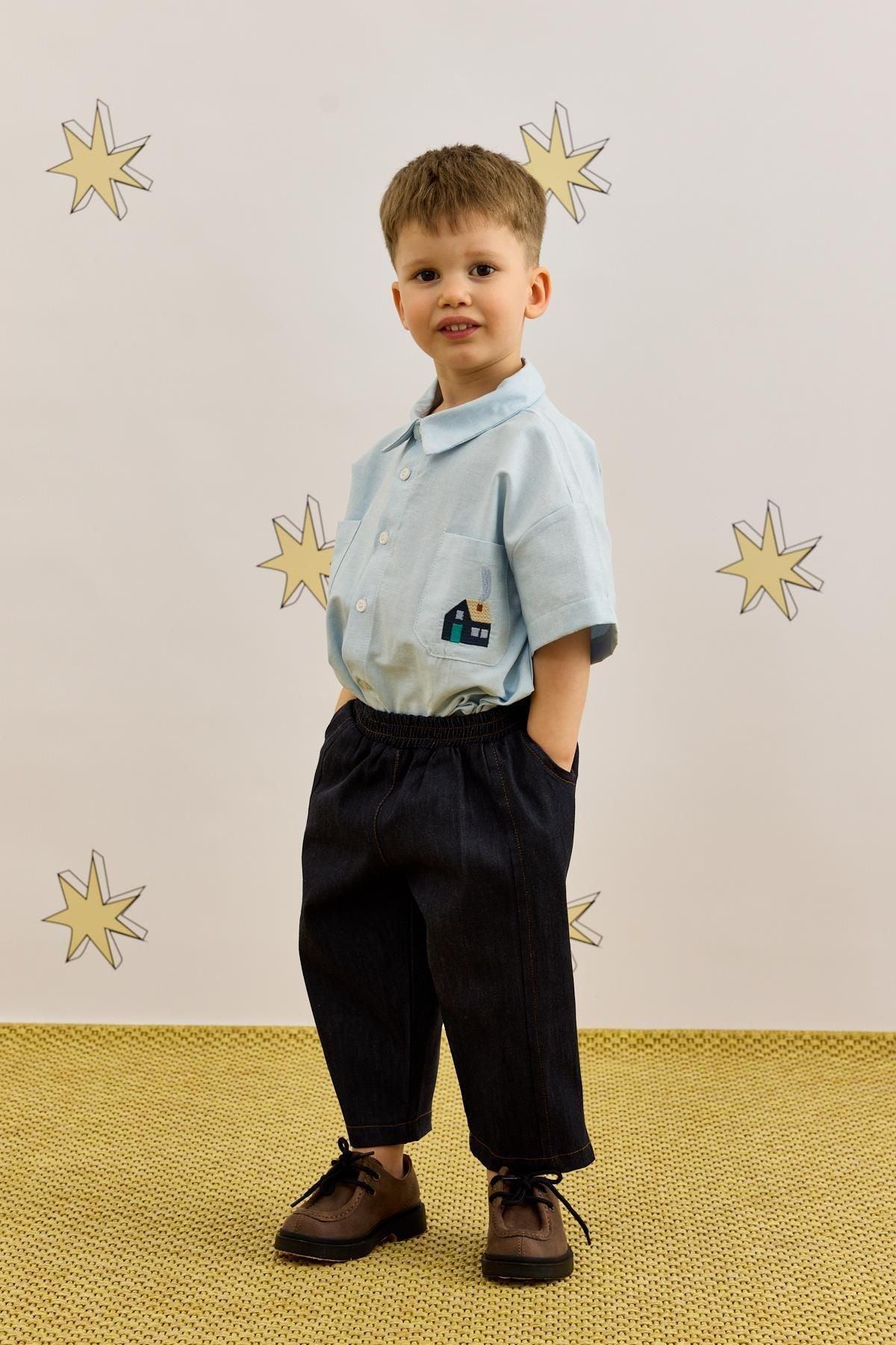 Nakışlı Oversize Gömlek Mavi