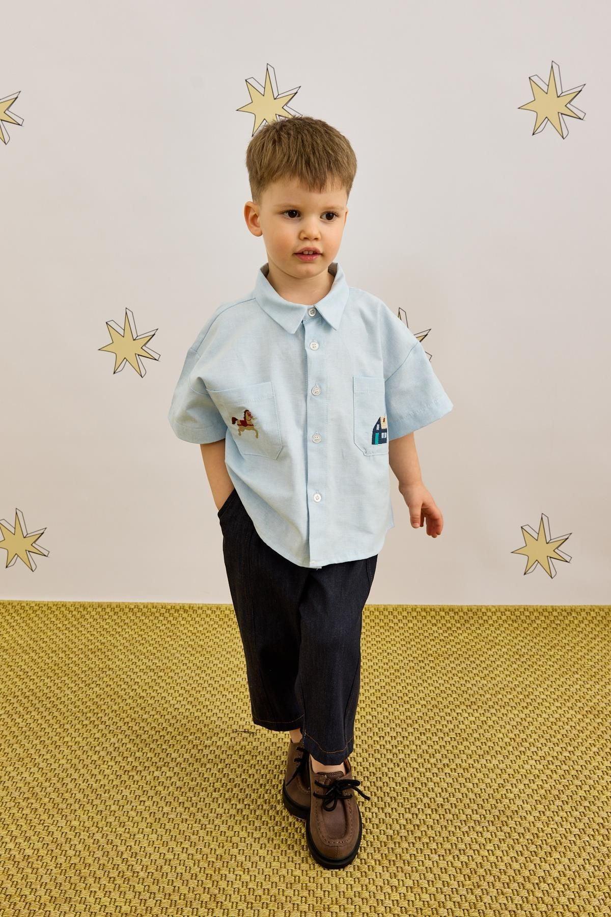 Nakışlı Oversize Gömlek Mavi