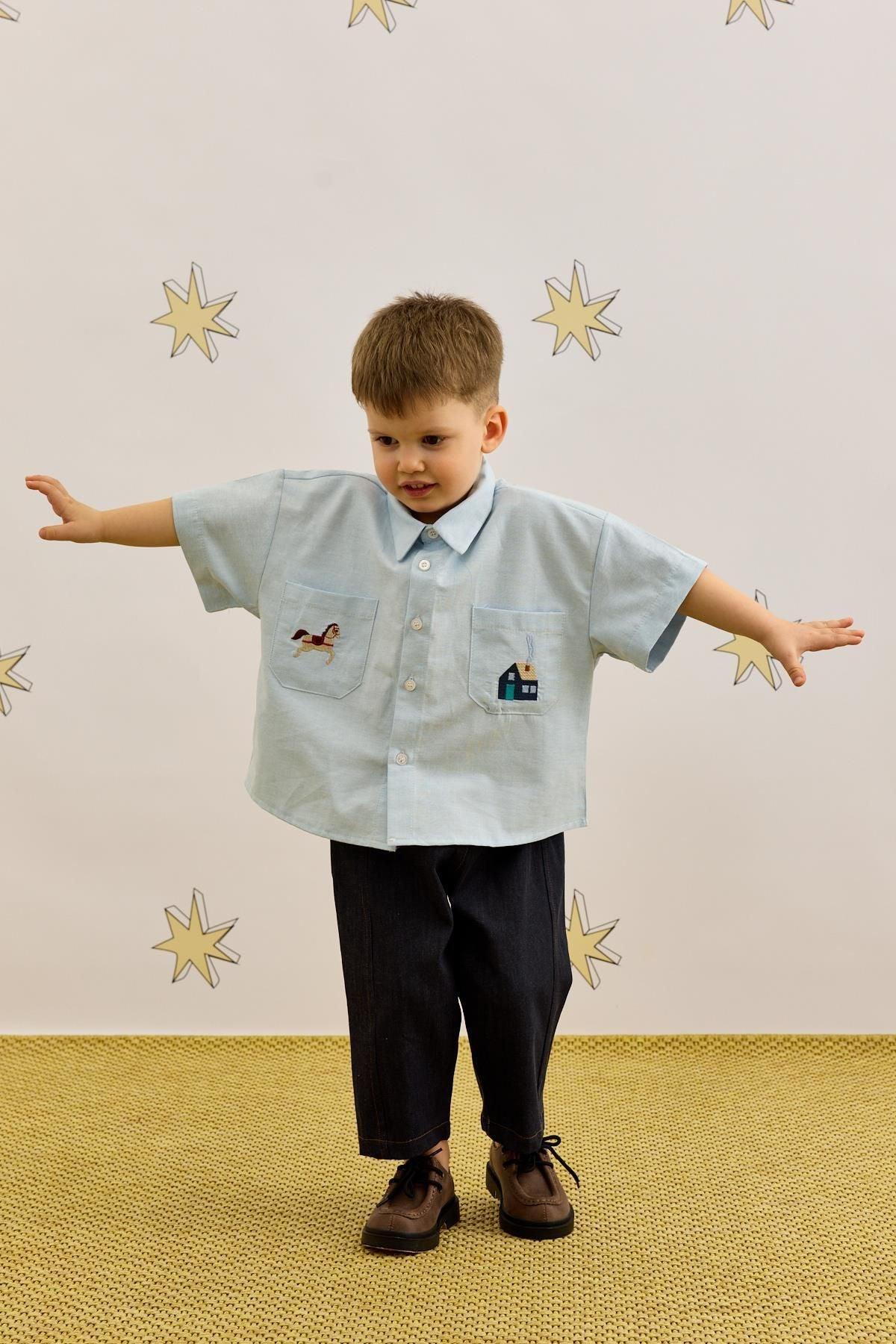 Nakışlı Oversize Gömlek Mavi