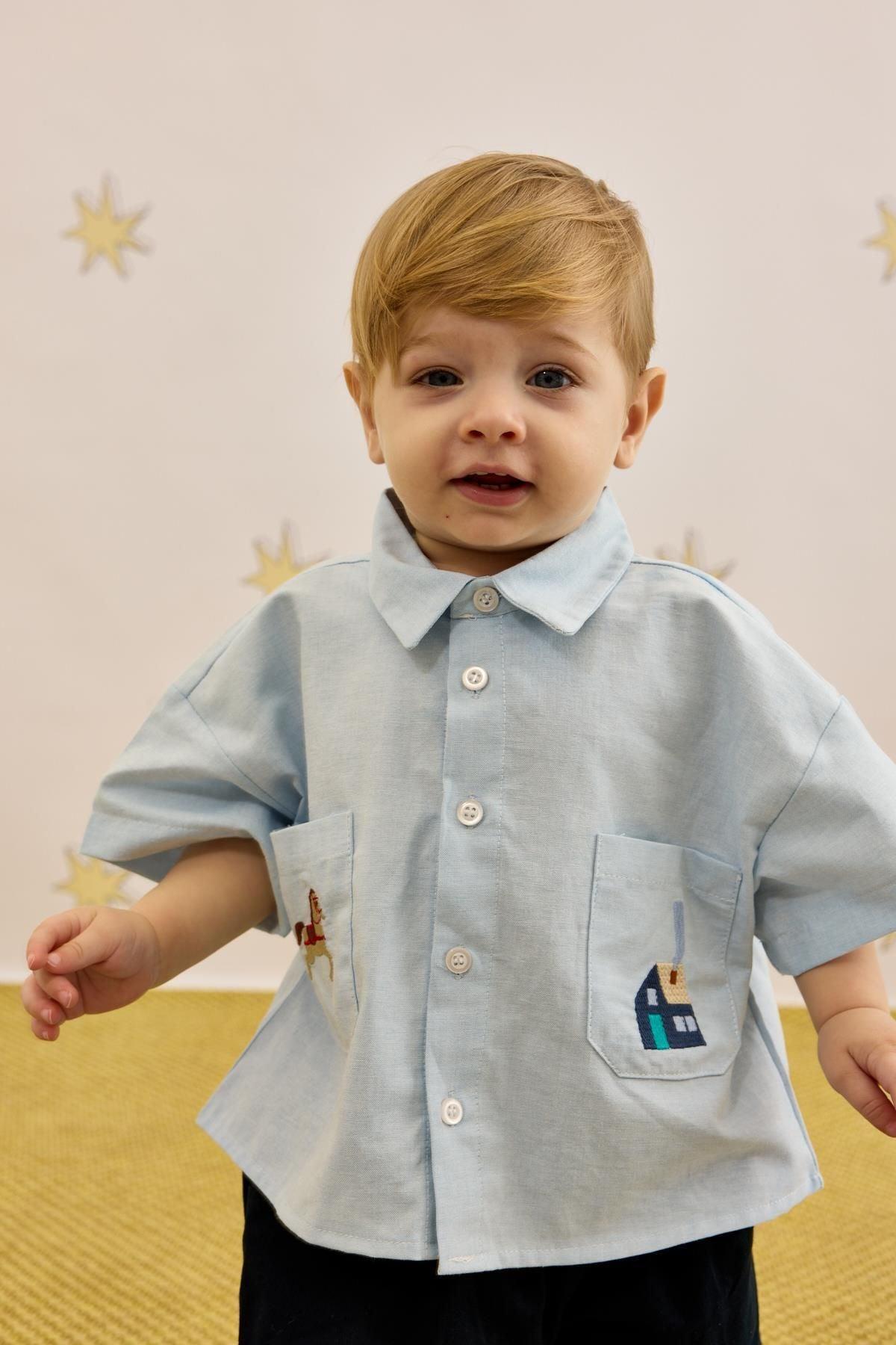 Nakışlı Oversize Gömlek Mavi