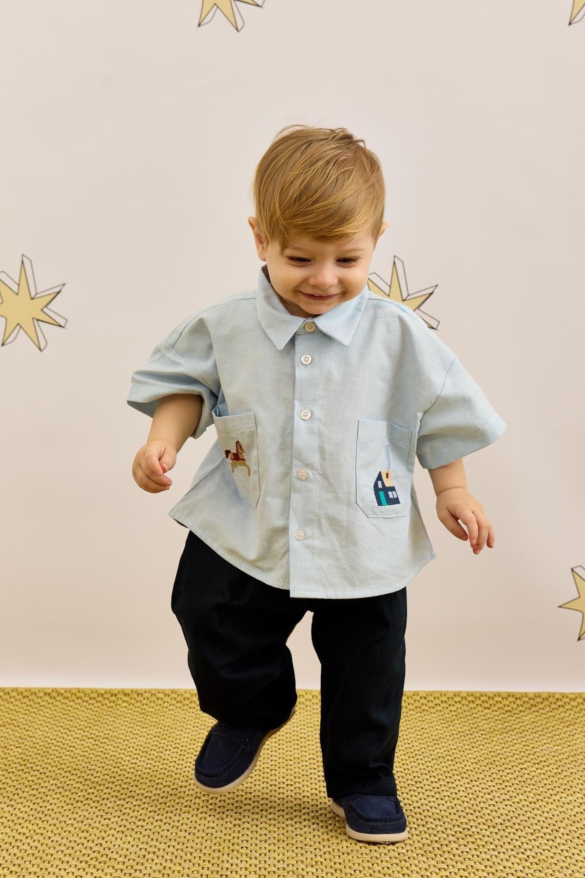 Nakışlı Oversize Gömlek Mavi