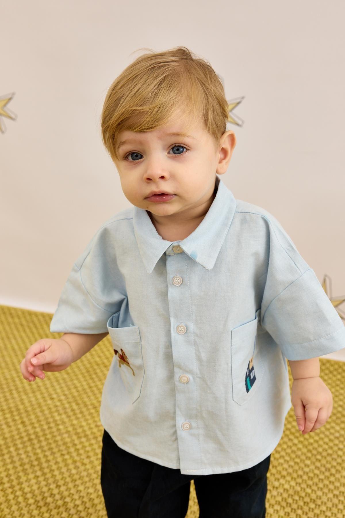 Nakışlı Oversize Gömlek Mavi