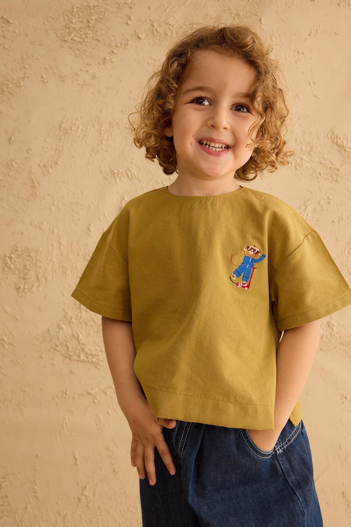 Embroidered Oversized Linen Shirt Oil Green