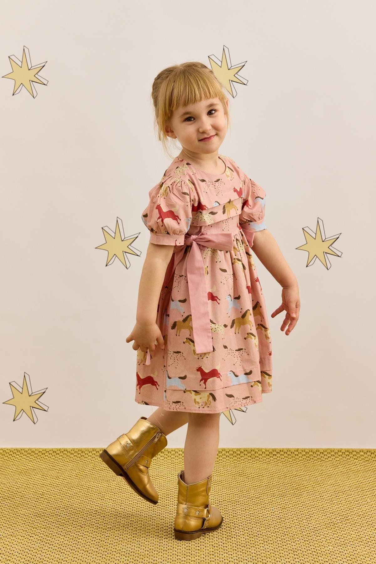 Nervür Bağlamalı Elbise At Desenli