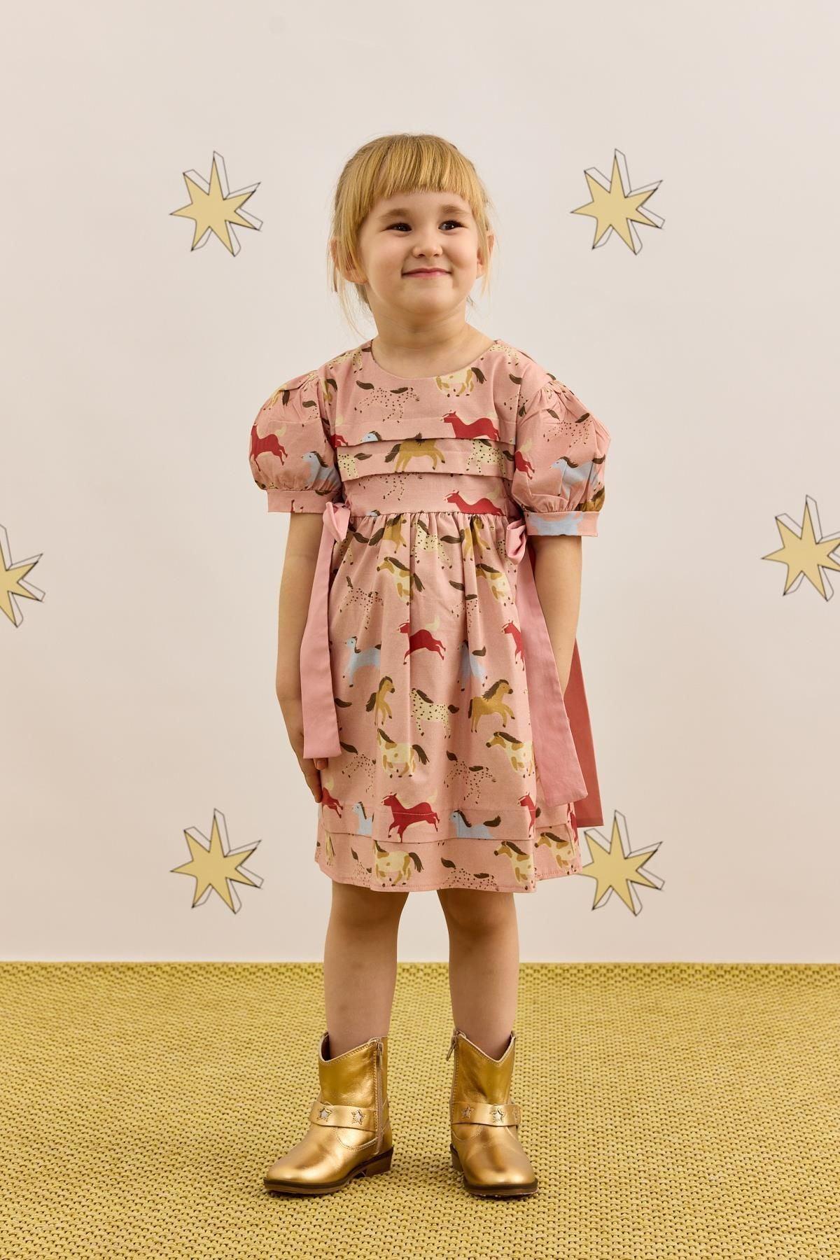 Nervür Bağlamalı Elbise At Desenli