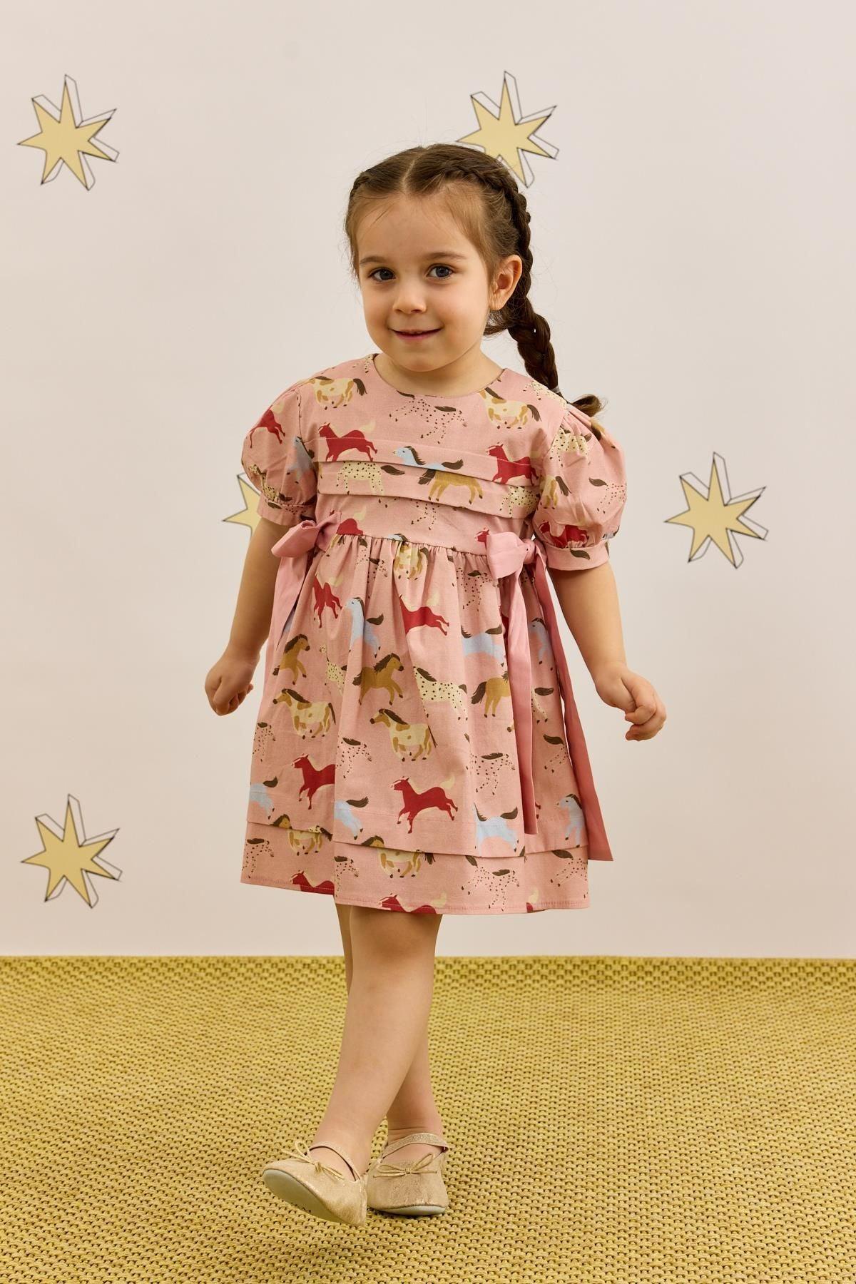 Nervür Bağlamalı Elbise At Desenli