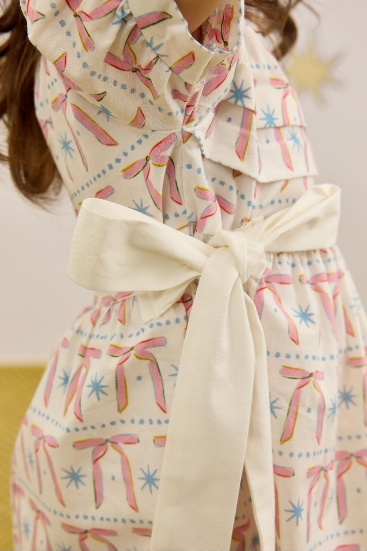 Nervür Bağlamalı Elbise Kurdele Desenli