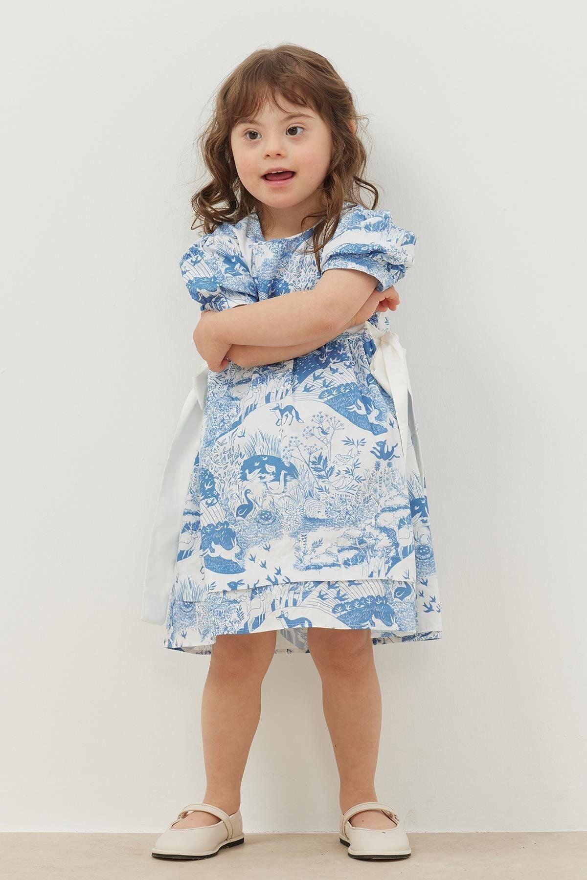 Nervürlü Elbise Mavi Desenli