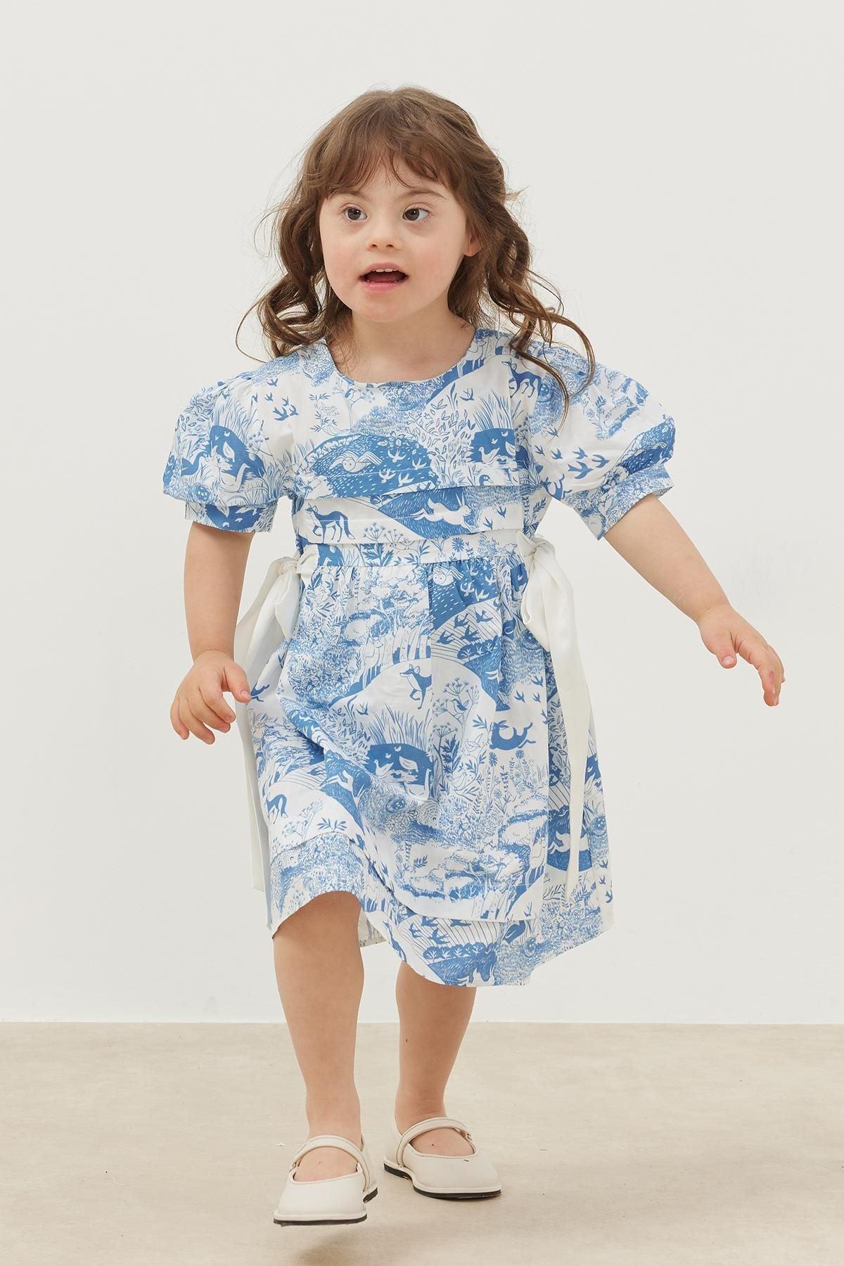 Nervürlü Elbise Mavi Desenli