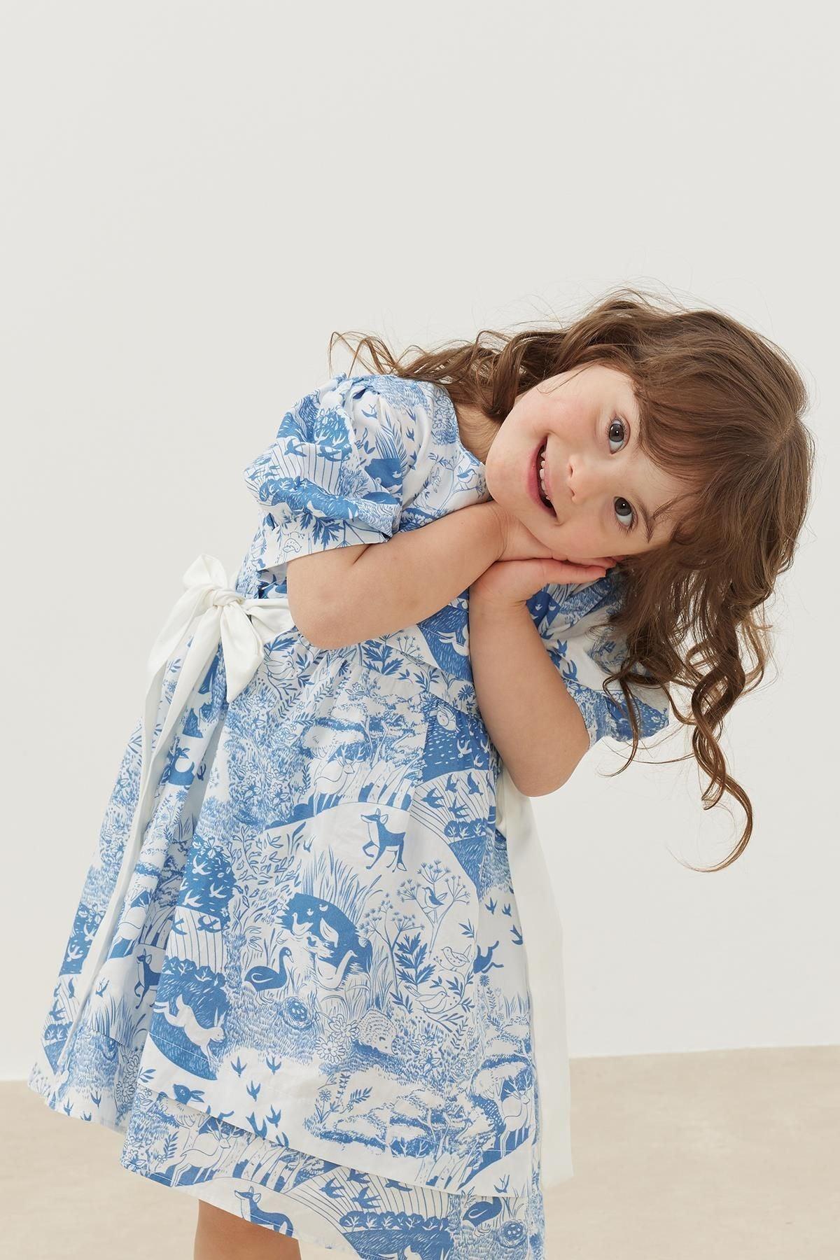 Nervürlü Elbise Mavi Desenli