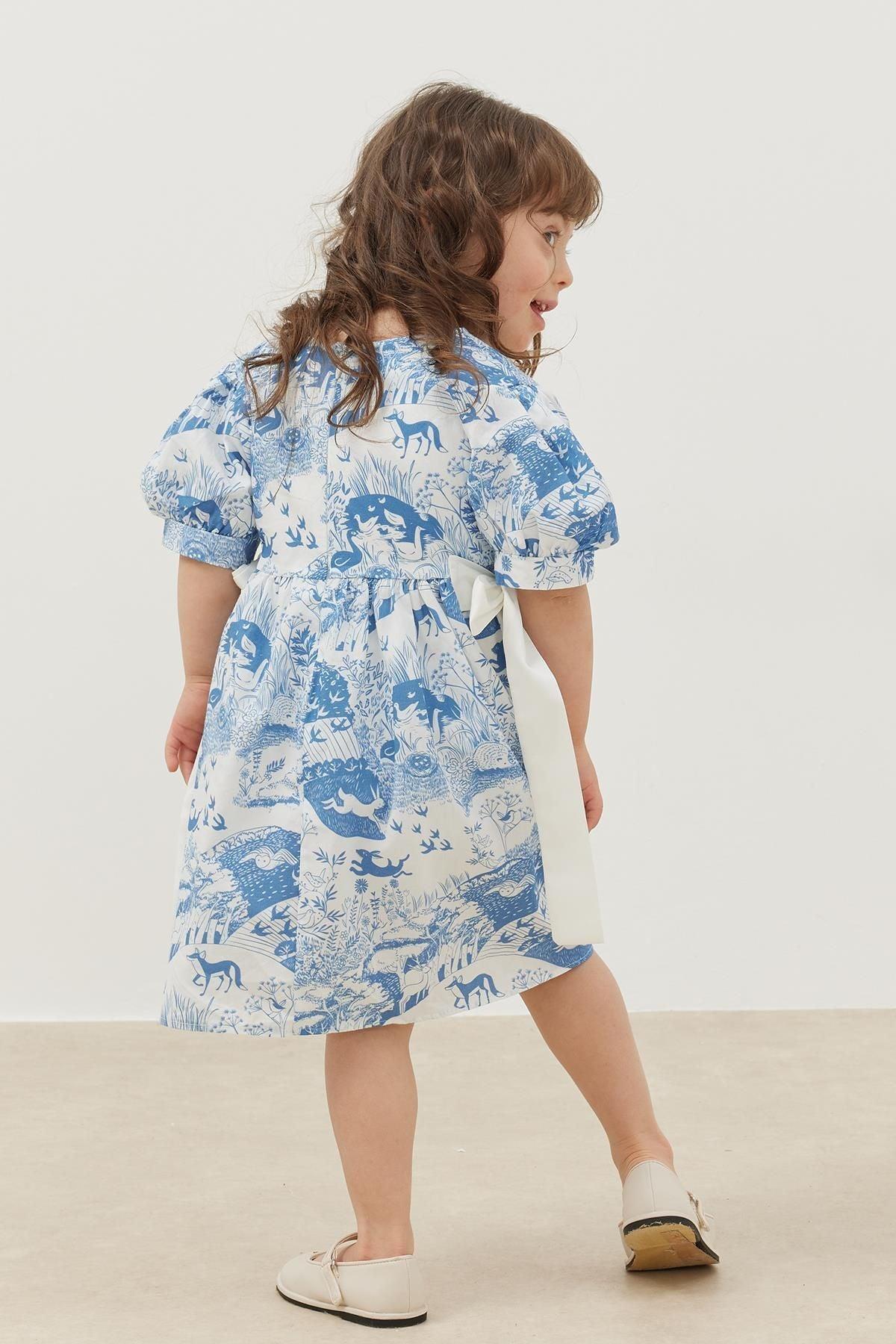 Nervürlü Elbise Mavi Desenli