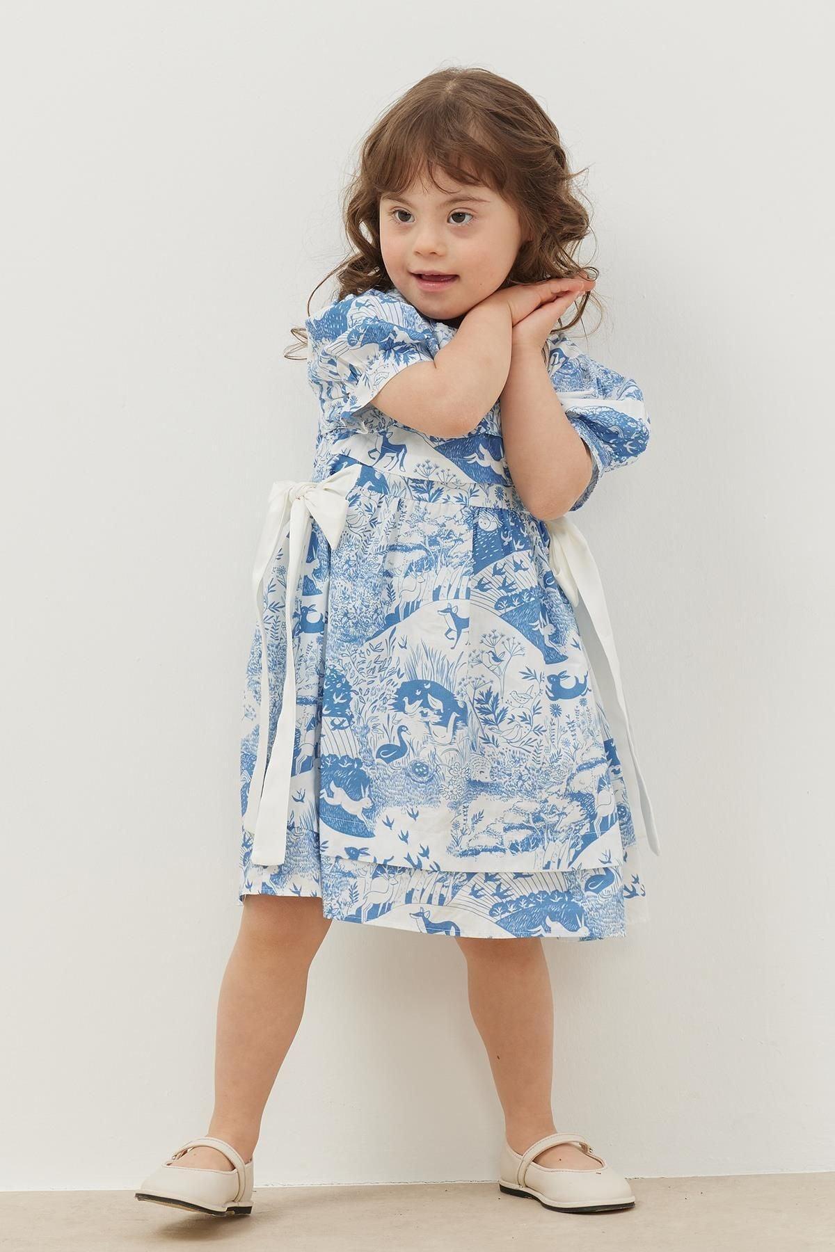 Nervürlü Elbise Mavi Desenli