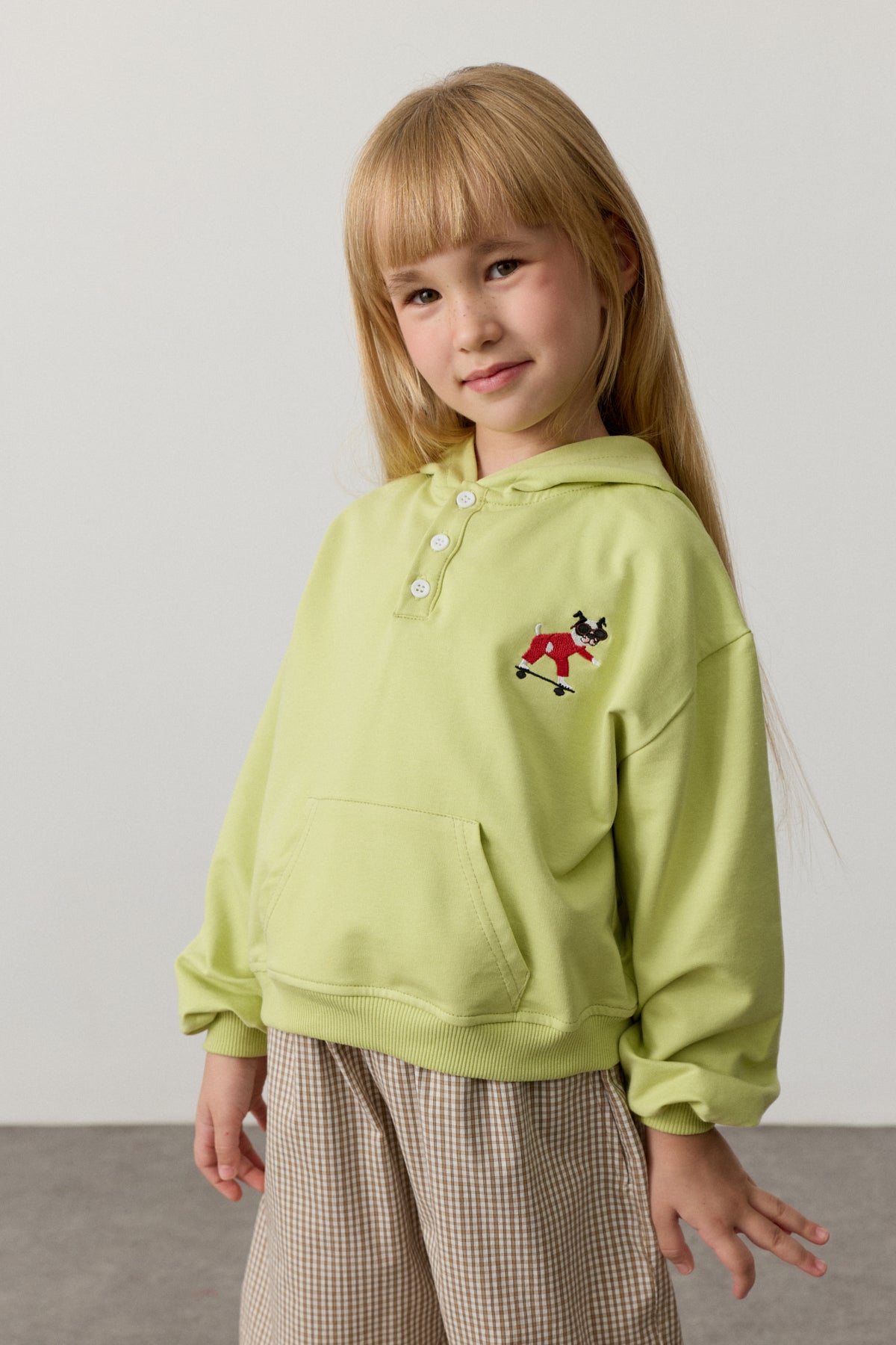 Oversize Kapüşonlu Nakışlı Sweatshirt Yeşil