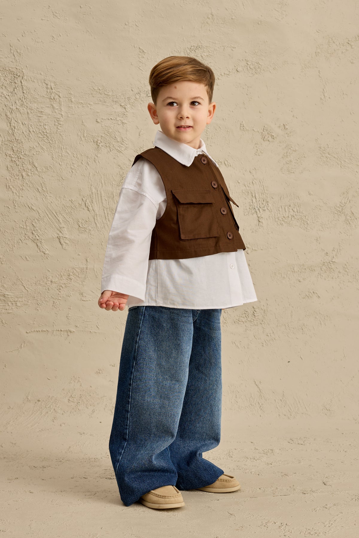 Oversize Yelek Gömlek Takım Kahverengi