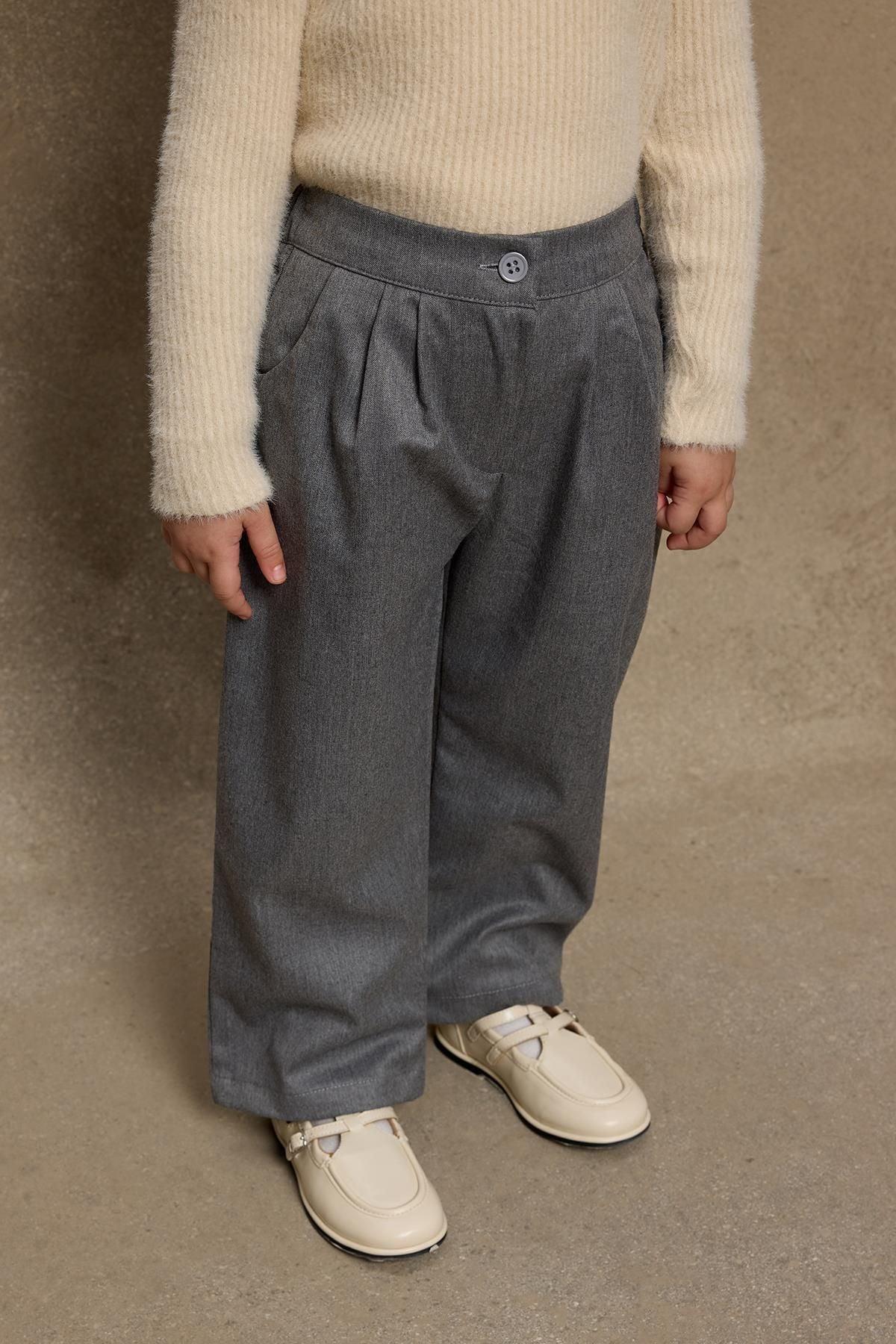 Pile Detaylı Pantolon Gri