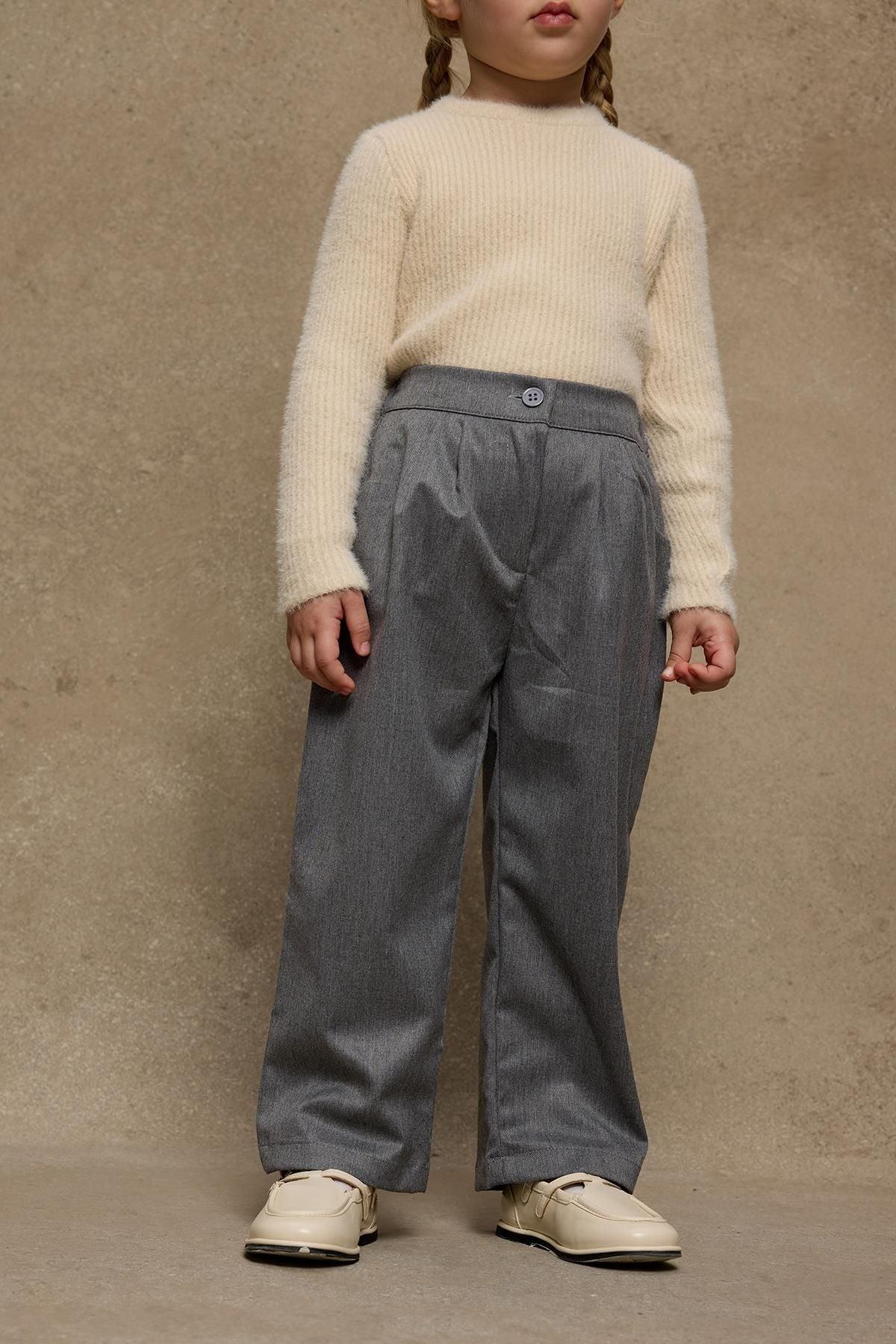 Pile Detaylı Pantolon Gri