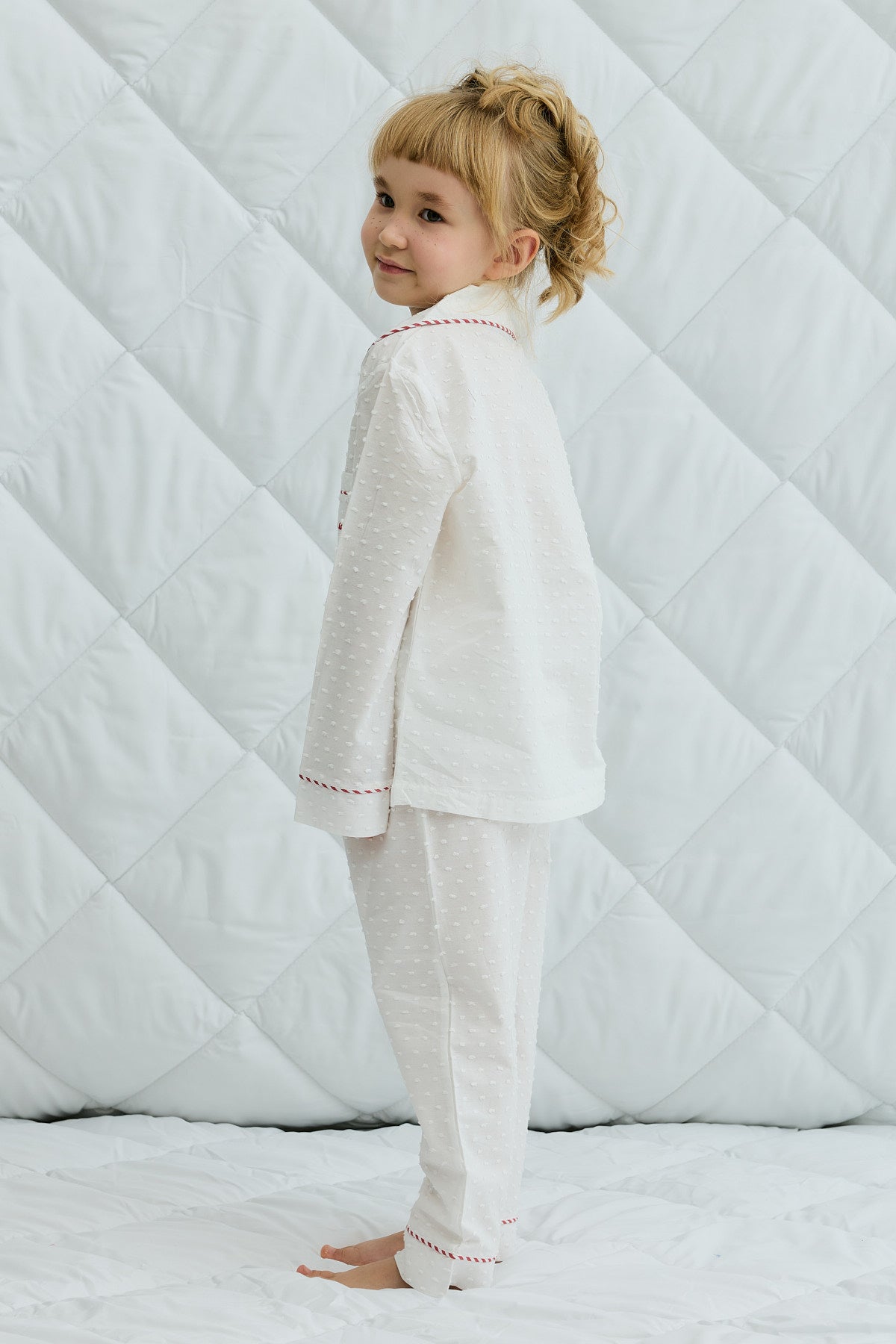 Ponponlu Pamuk Pijama Takımı Ekru