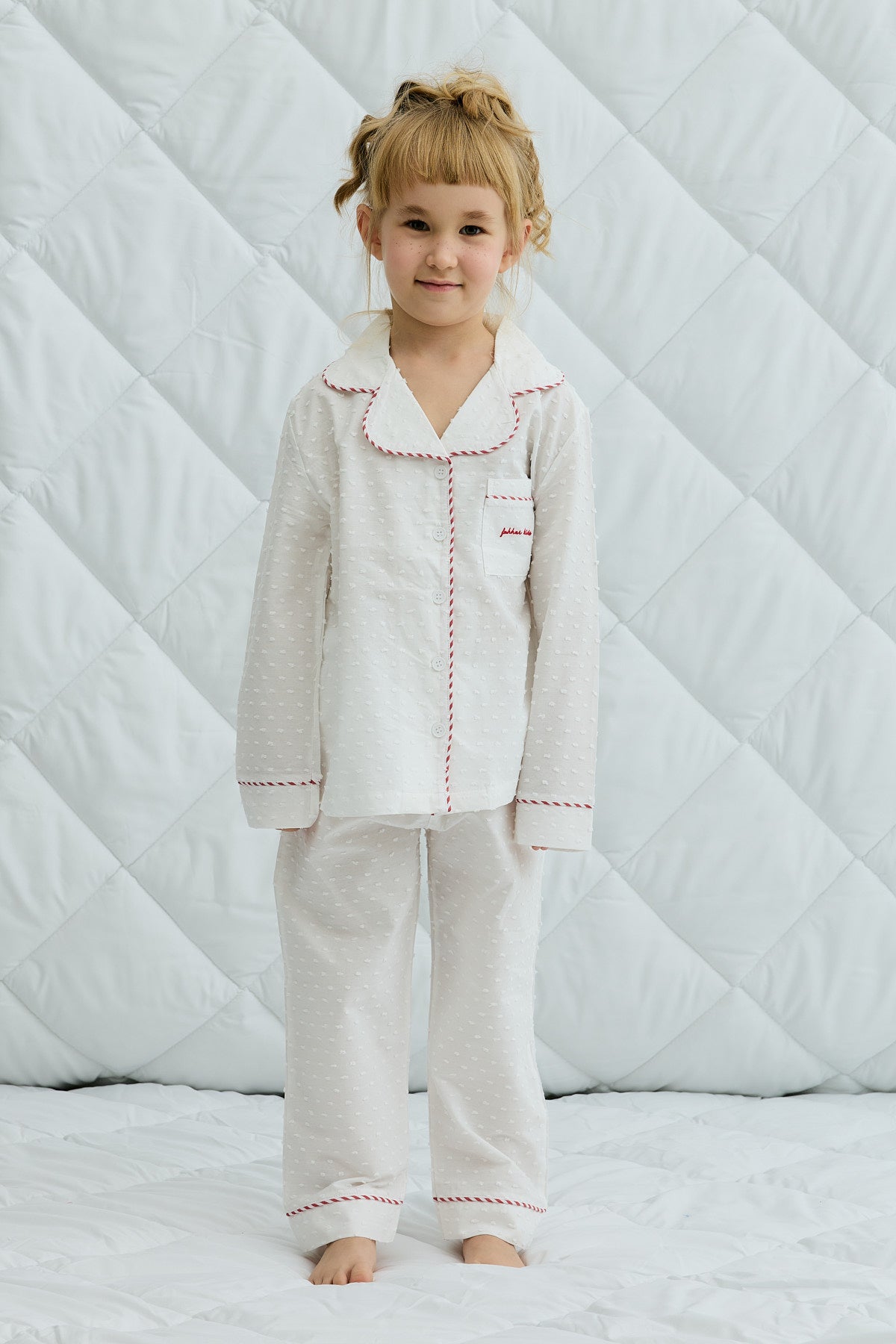 Ponponlu Pamuk Pijama Takımı Ekru