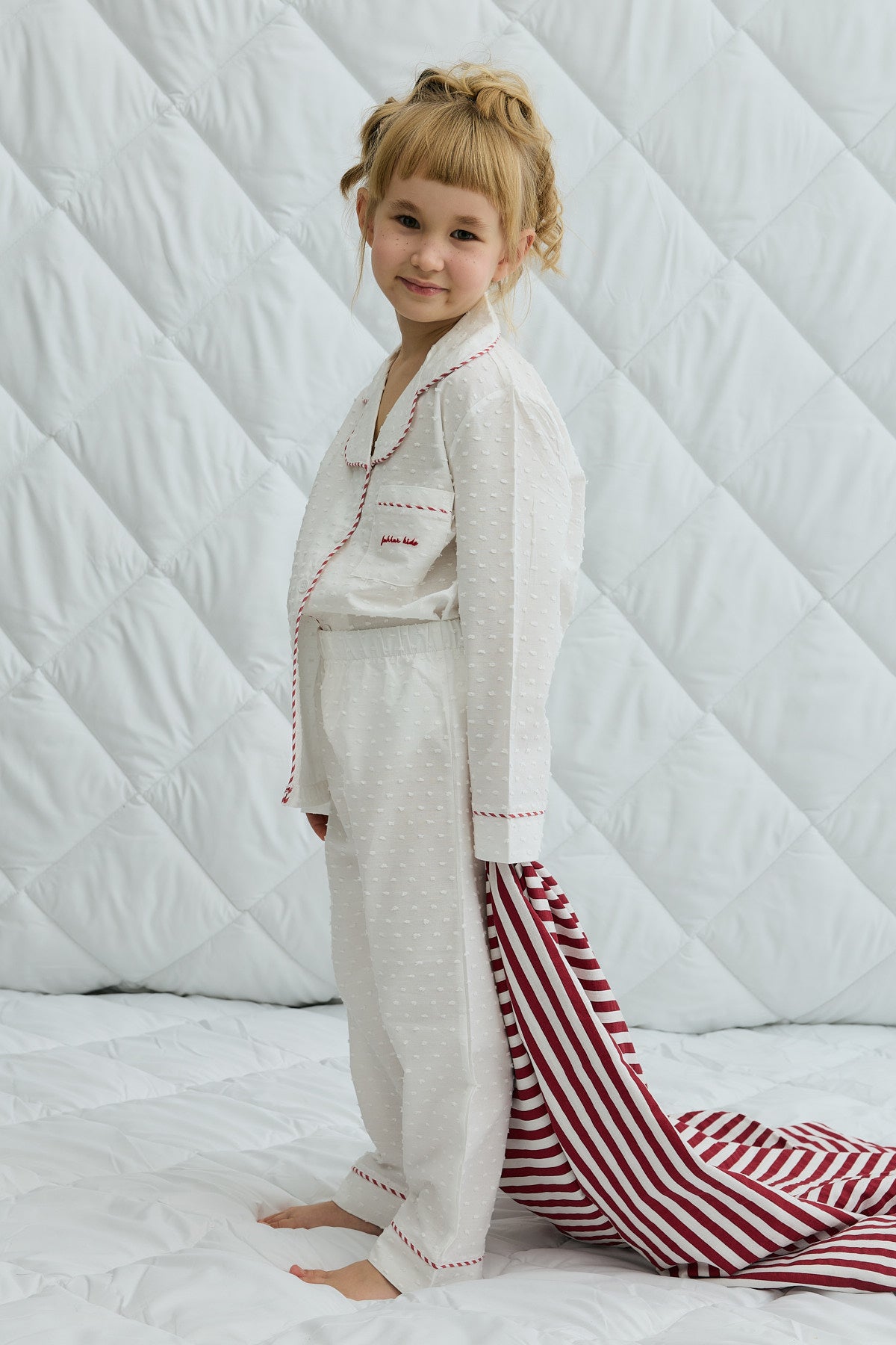 Ponponlu Pamuk Pijama Takımı Ekru