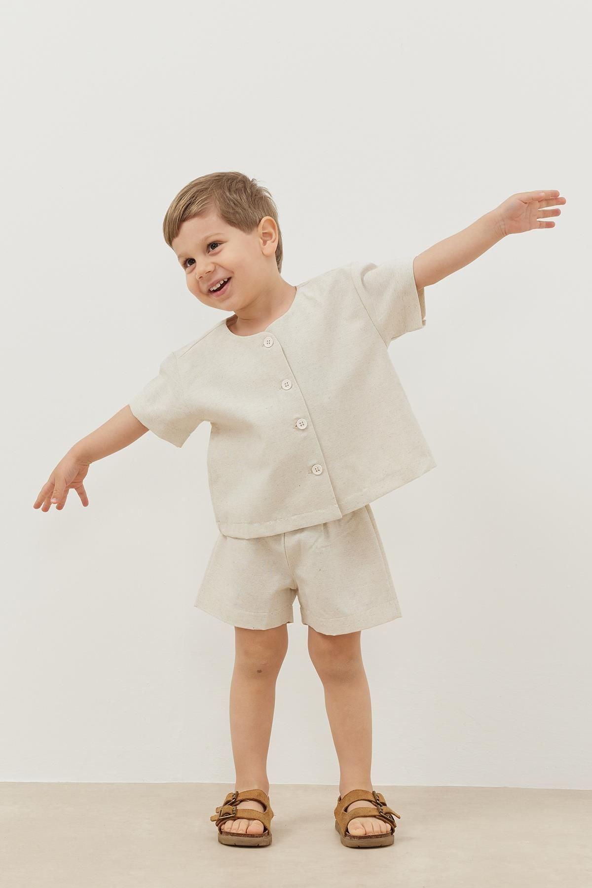 Şortlu Keten Takım Bej