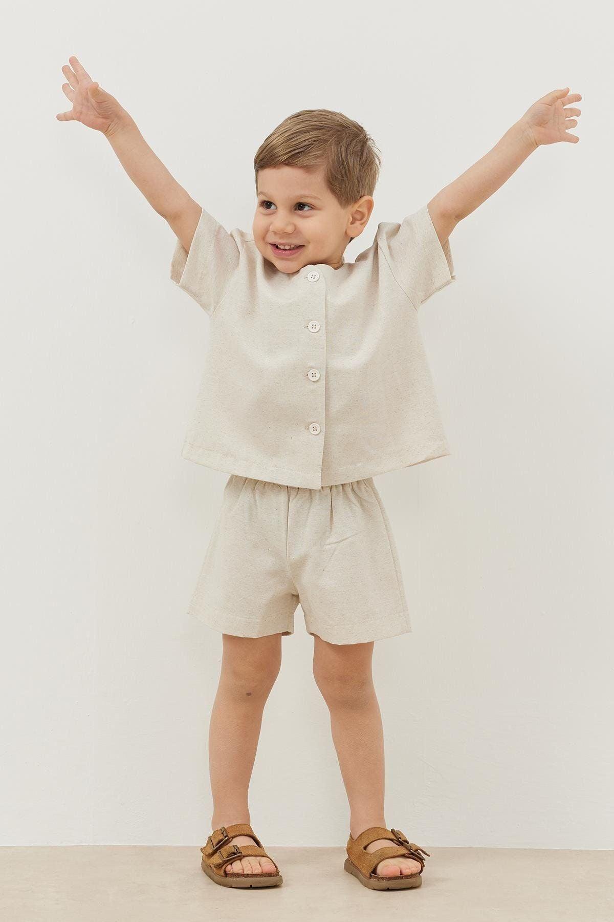 Şortlu Keten Takım Bej