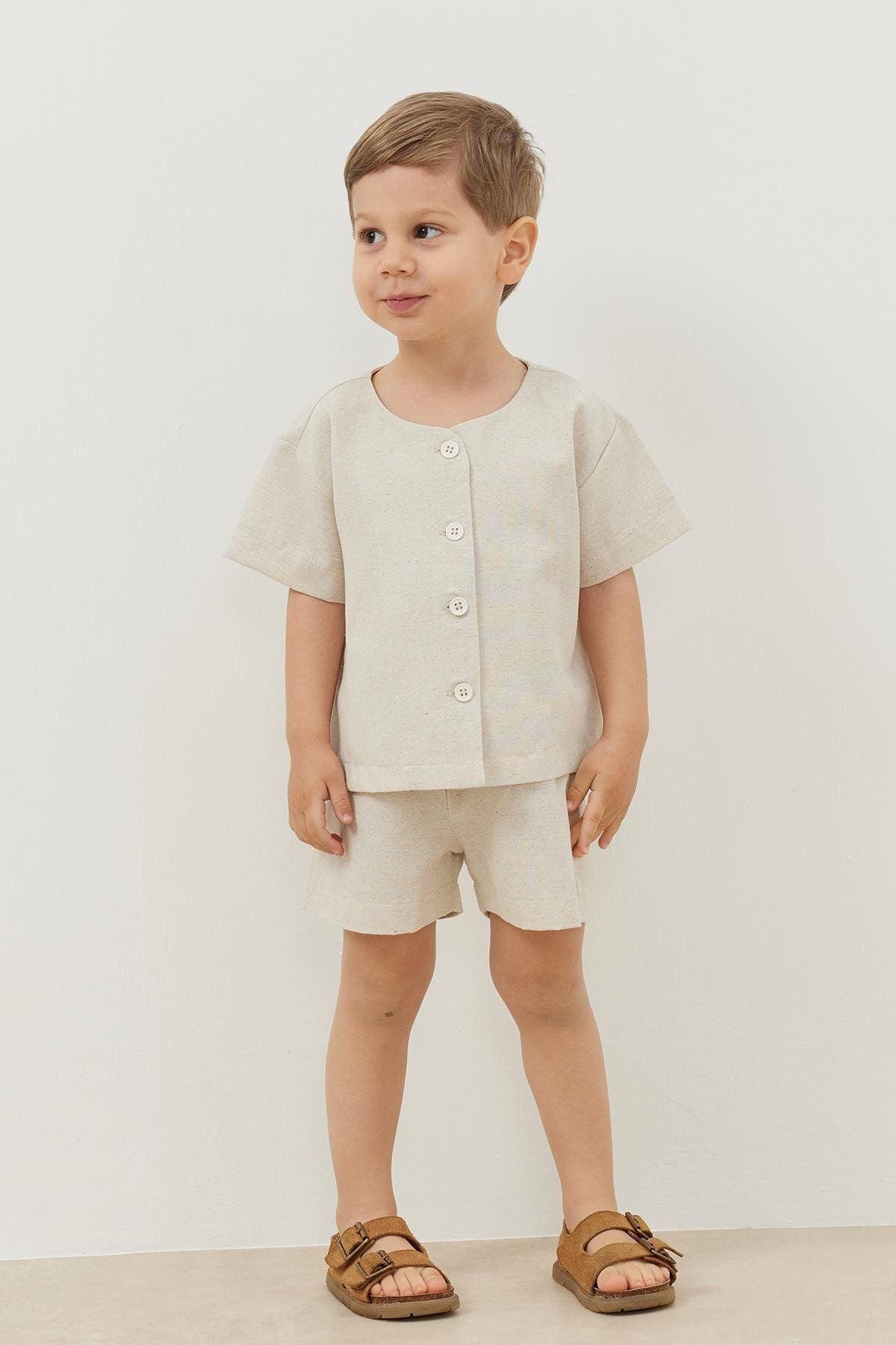 Şortlu Keten Takım Bej