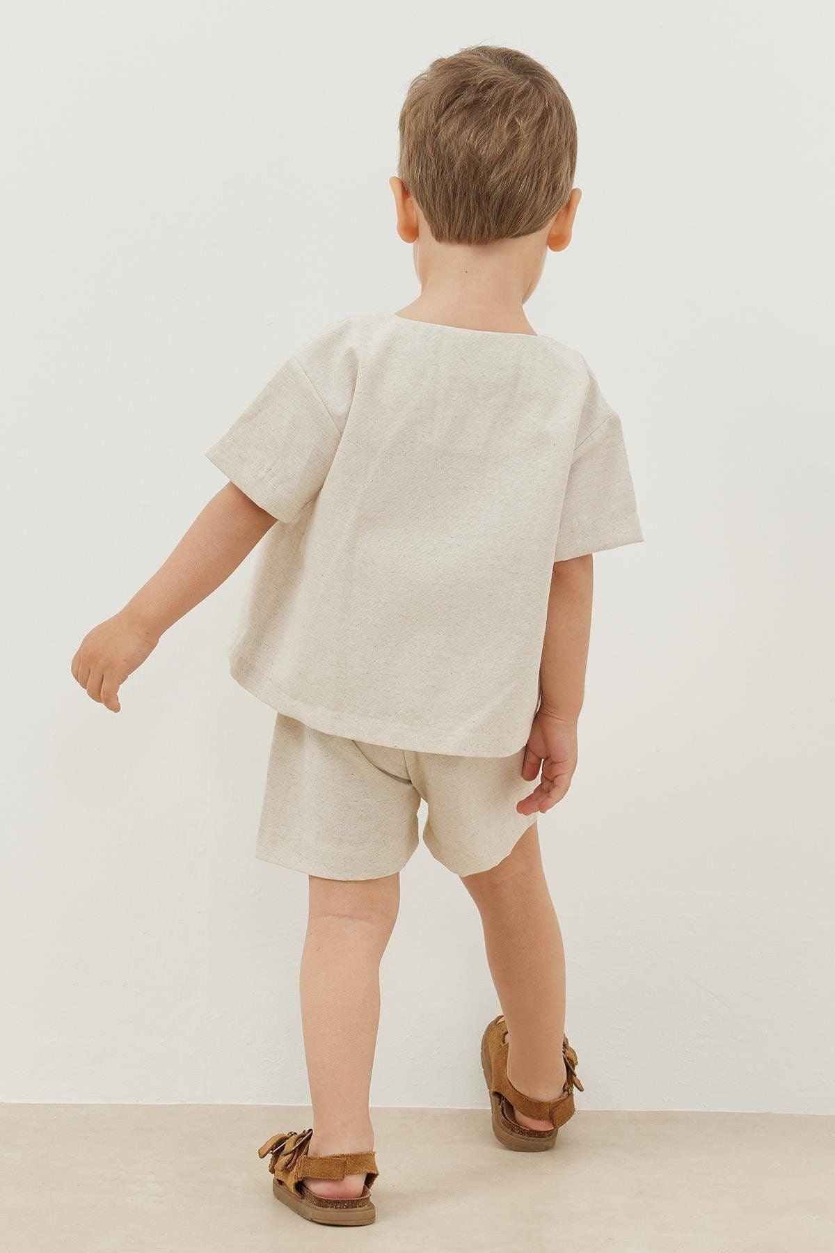 Şortlu Keten Takım Bej