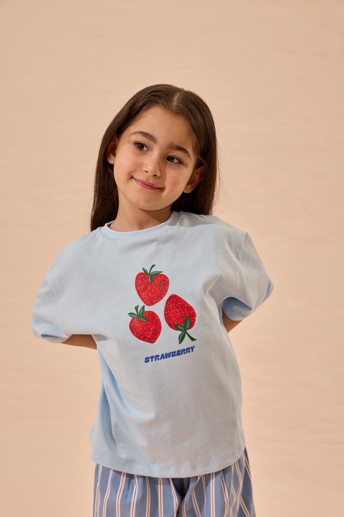 Strawberry Baskı Oversize Pamuk Tişört Mavi