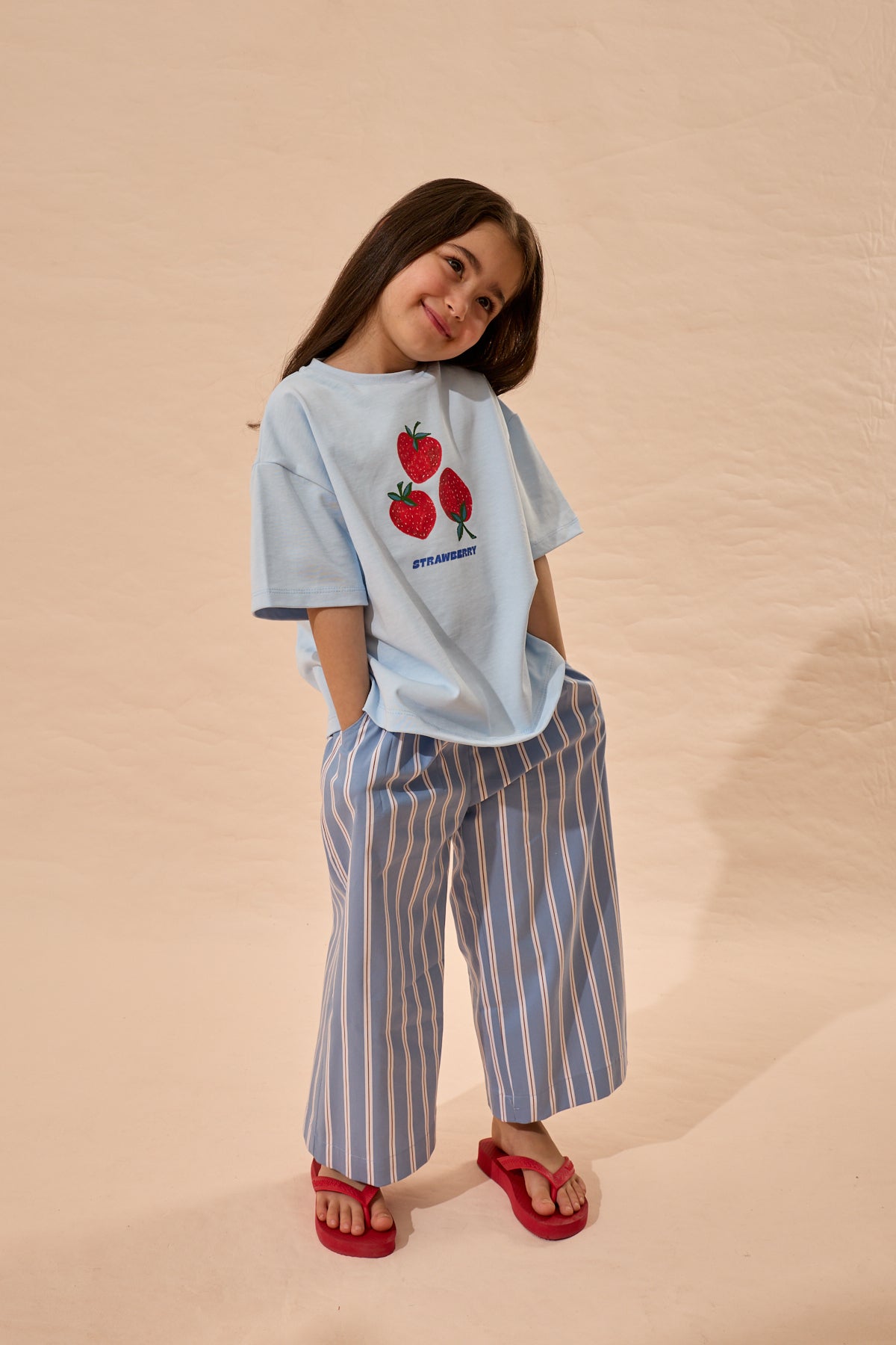 Strawberry Baskı Oversize Pamuk Tişört Mavi