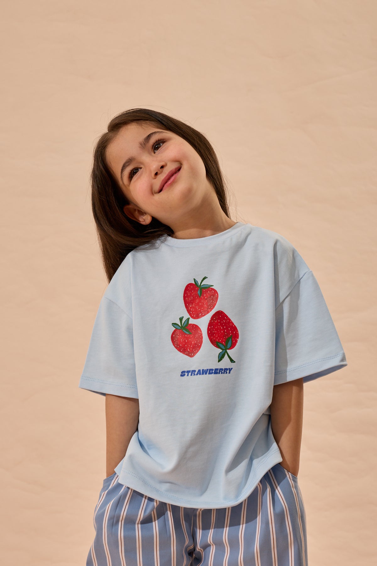 Strawberry Baskı Oversize Pamuk Tişört Mavi