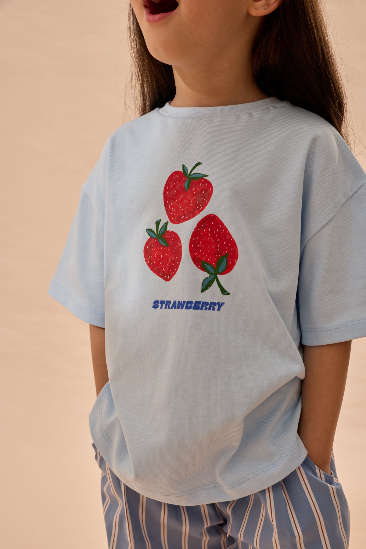 Strawberry Baskı Oversize Pamuk Tişört Mavi